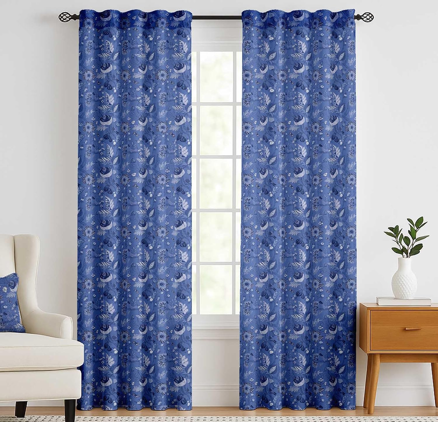Cotton Curtains for Windows - 3-in-1 Rod Pocket/Back Tab Short Window Drapes - Light Filtering Cotton Canvas Panels - Set of 2, 52"x63" - Leaves Print (Blue) a