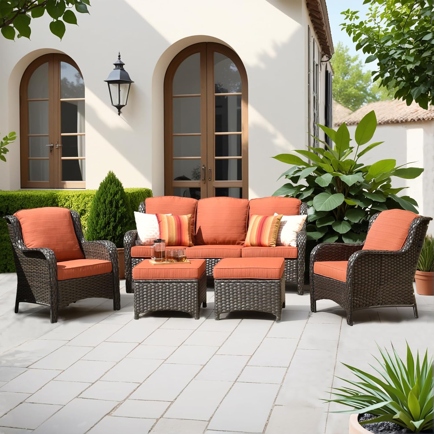 ovios 5-Pieces Patio Furniture Set, Outdoor Wicker Sofa Couch with Chairs Ottomans Comfy Cushions, All Weather High Back Modern Conversation Set, Brown Rattan, Orange Red