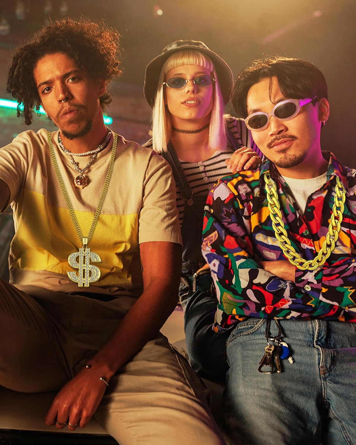 5 Pack Hip Hop Costume Kit Rapper Accessories 2000s 80s 90s Outfit Fake Gold Chain Sunglasses Ring Hat for Rapper - Image 7