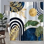 Boho Green douche rideau Mid Century Abstract Gold feuilles Plant Olive douche rideaux pour salle de bain Decor baignoire léger poids lavable polyester imperméable tissu avec 12 Crochets 72 X 72 1 cm