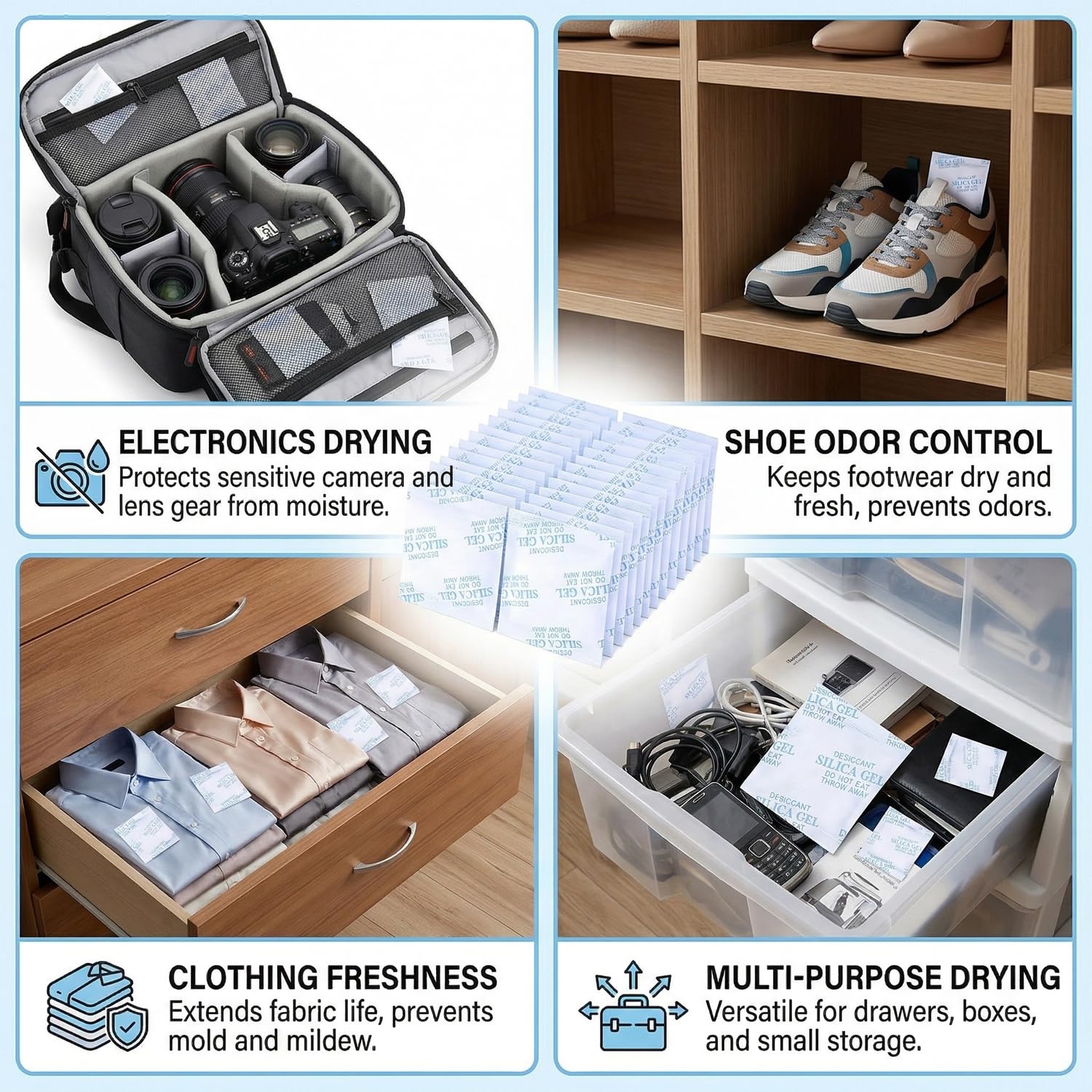 10 g x 30 Bolsas Desecantes Absorbente de humedad, Bolsitas Desecante, Gel de Sílice Desecante, Protección contra Humedad para Zapatos, Electrónica, Cámaras y Más