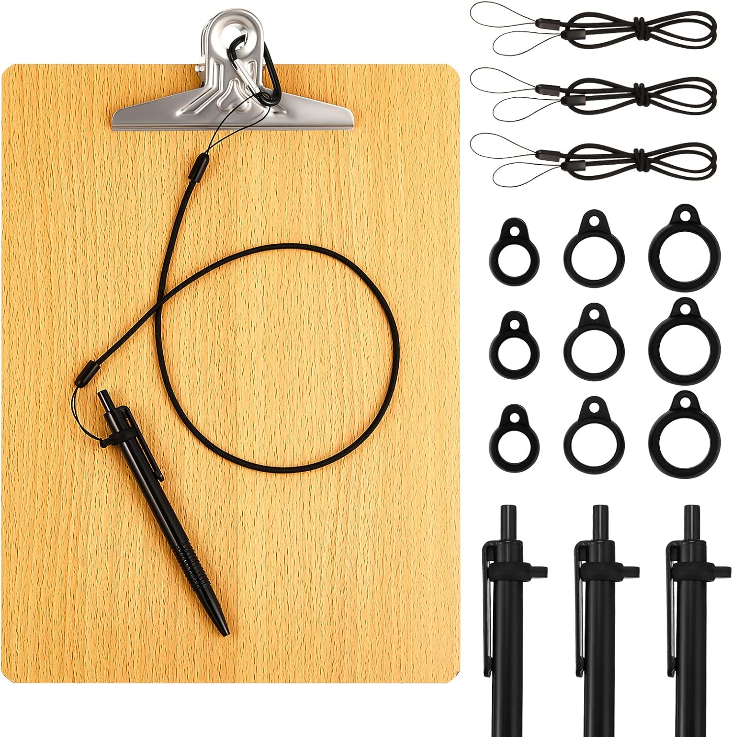 3 Pack 24 Inch Pen Leash with One 9 x 12.5 Inch Clipboard, Metal Buckles Clips Attaches to