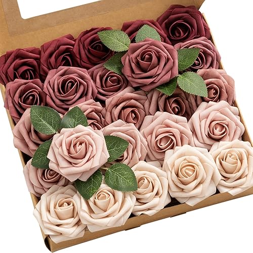 Ling's moment Flores Artificiales, 25 Piezas de Rosas de 3" en Tonos Burdeos Malva, Relleno Floral de Espuma Realista DIY para Ramos de BodaCentros