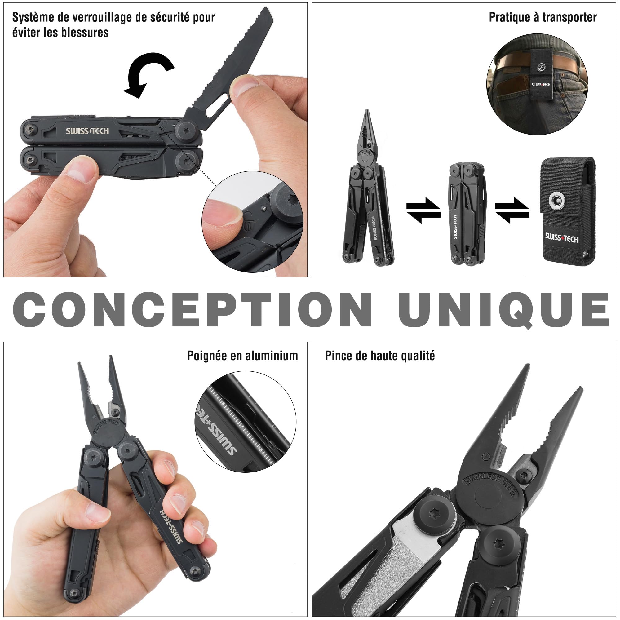 Swiss+Tech Pince Multifonction en Acier Inoxydable 16 en 1 avec Structure Autoverrouillée, Couteau Multifonction avec Scie, Tournevis, Règle, Lime, Ouvre-Boîte pour Camping, Randonnée (Noir)