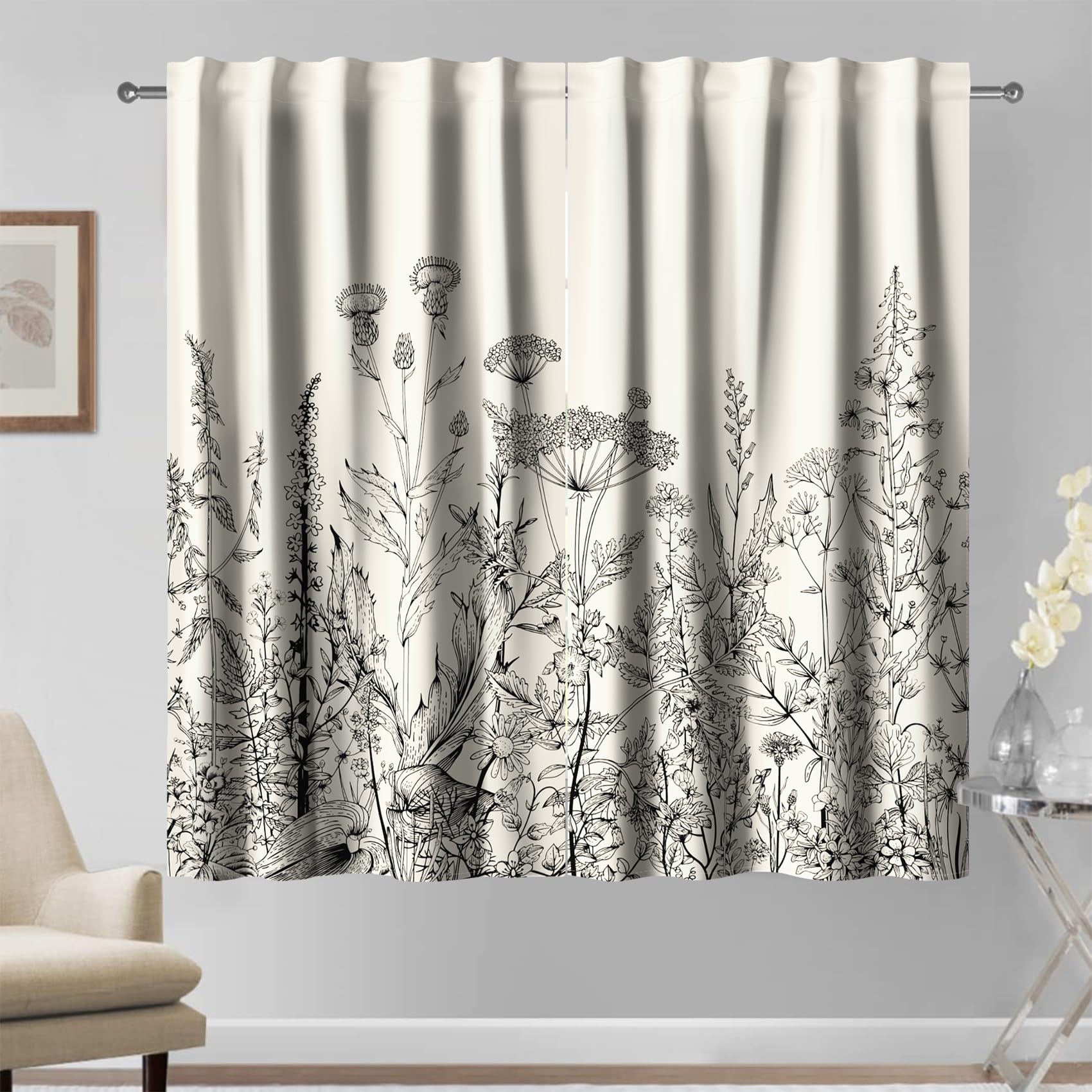 Kzzfqxb 2 Panels 117x183cm Floral Curtains, Beige Botanical Herb Grey Wild Flowers Stems Coriander Daisy Weeds Rod Pocket Window Drapes, Elegant Decor for Living Room Bedroom Dining Room โ image 1