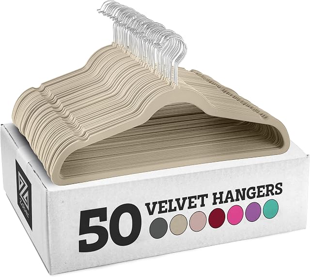 ZOBER Velvet Coat Hangers - 50-Pack, Premium, Non-Slip Hangers for Clothes - Velvet Clothes Hangers w/ 360 Degree Swivel Hook - Coat Hangers for Trousers, Dresses, and Coats - Beige