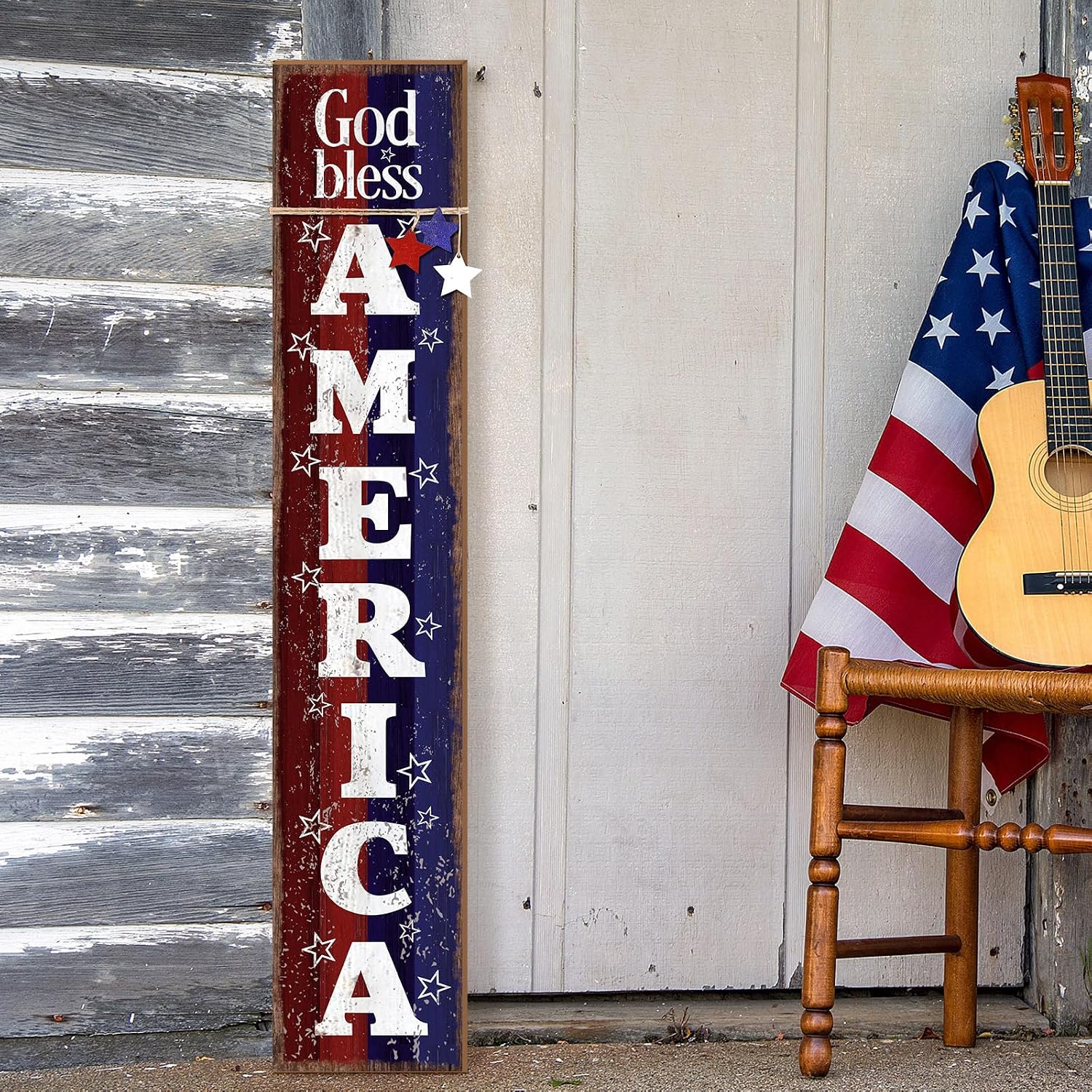 Patriotic Porch Sign 47" H 4th of July Door Decorations for Front Porch Wooden Red White Blue Vertical God Bless America Sign Outdoor Memorial Day Decorations for 250th Anniversary Outdoor
