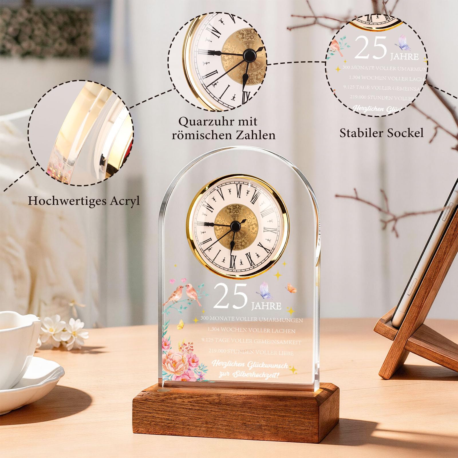 TUZELIYA Regalo di nozze d'oro, anniversario al quarzo, 50° anniversario di matrimonio, regalo con biglietto di auguri e busta, orologio da scrivania, regali di nozze per coppie, genitori, nonni