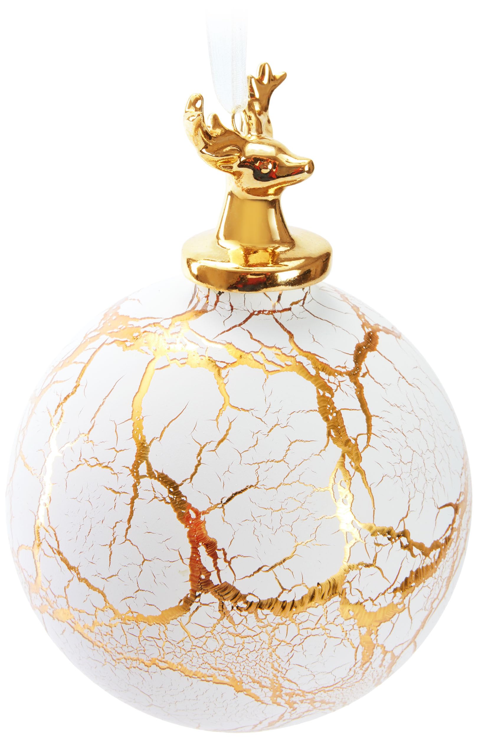 BRUBAKER Adorno de Navidad Premium Ciervo en Mármol Oro Blanco - Adorno de Árbol de Vidrio de 10 cm con Cabeza de Ciervo de Porcelana - Adorno de Árbol de Navidad en Mármol - Bola de Navidad