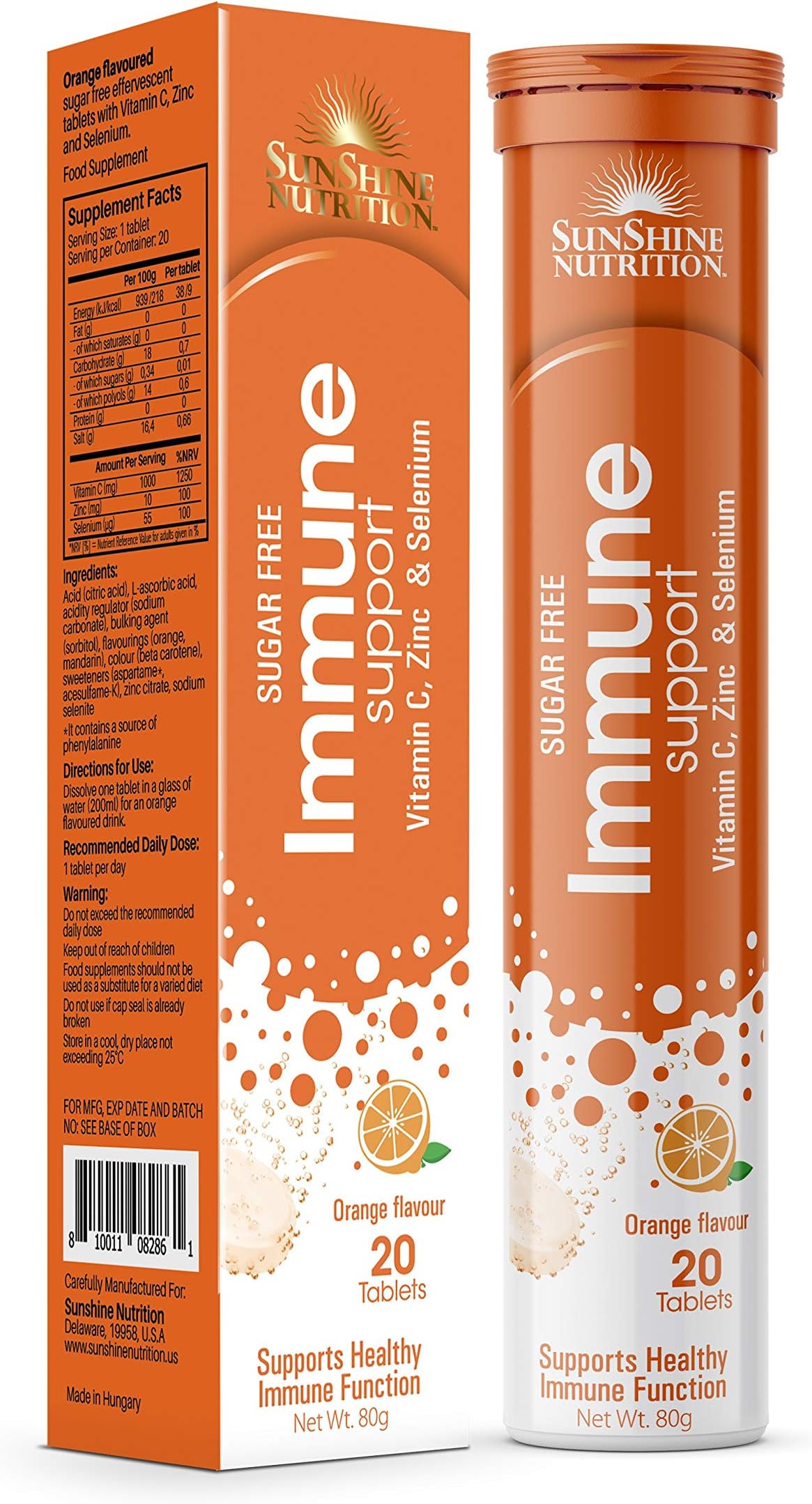 Immune Support Effervescent 20 Tablets | With Vitamin C + Zinc + Selenium | No Added Sugar | Orange Flavor | 80 Grams