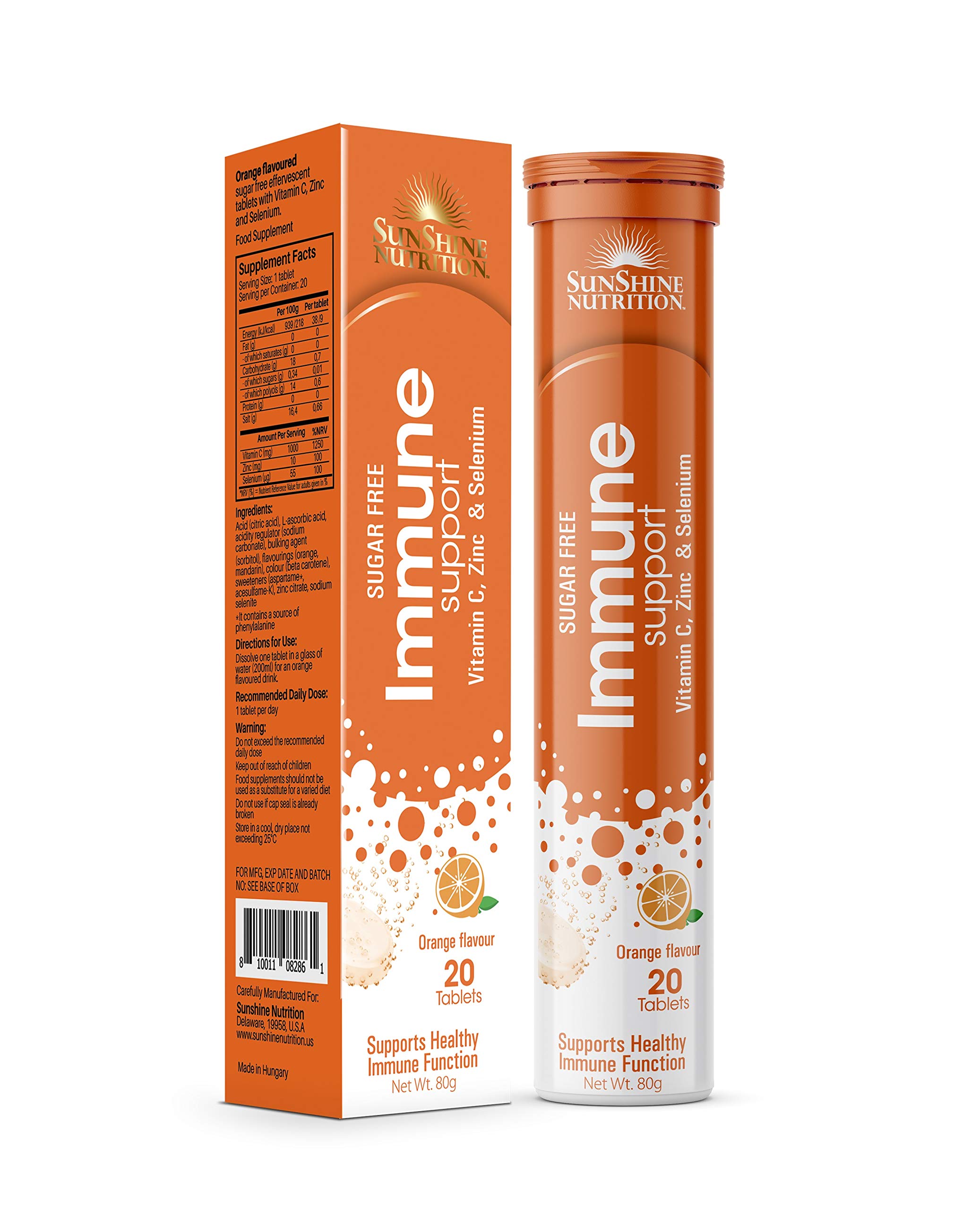 Sunshine Nutrition Immune Support Effervescent 20 Tablets | With Vitamin C + Zinc + Selenium | No Added Sugar | Orange Flavor | 80 Grams