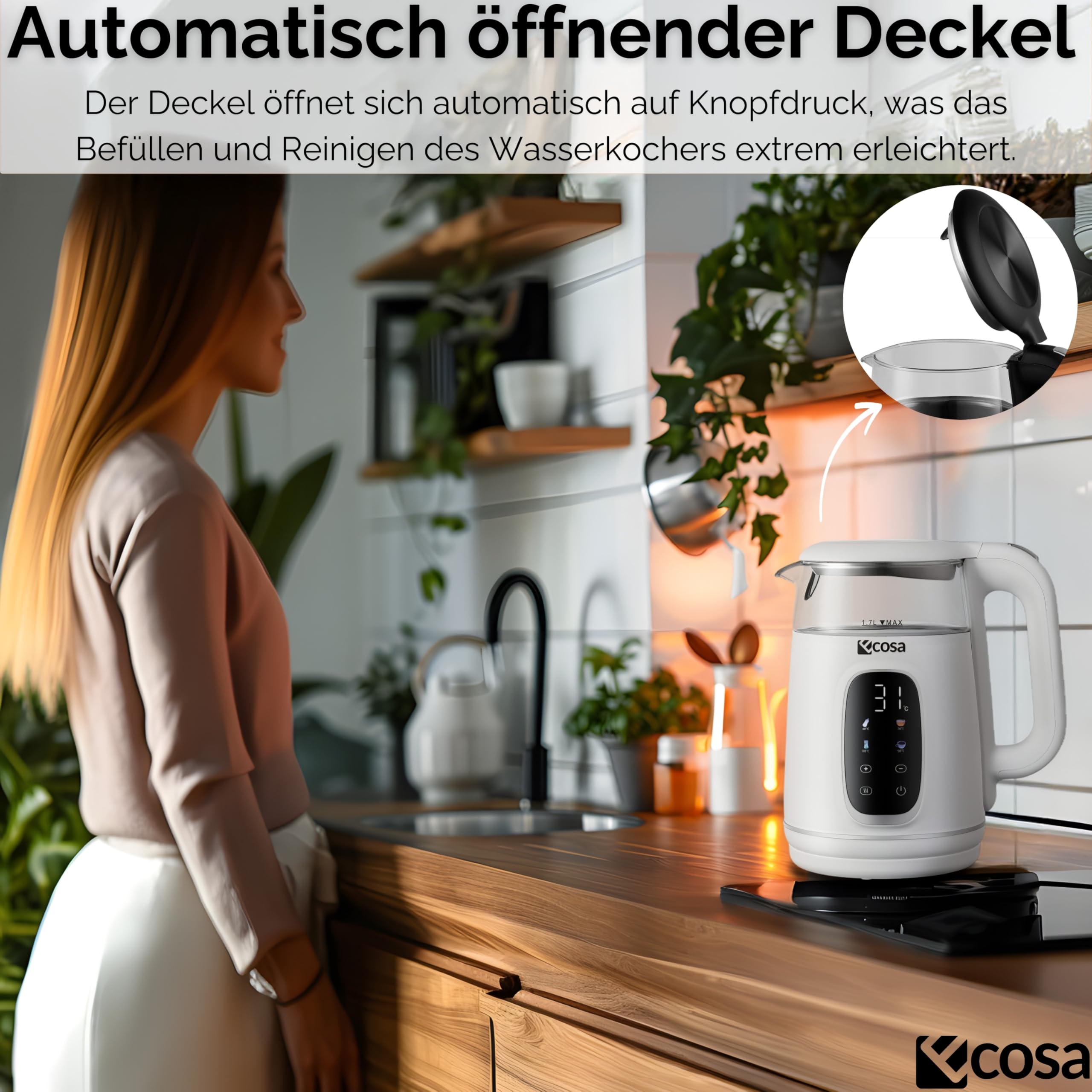 Ecosa Czajnik elektryczny z regulacją temperatury, szkło, stal szlachetna, zaparzacz do herbaty, 1,7 l, 2200 W, bez BPA, z wyborem temperatury 40°C – 100 °C – funkcja utrzymania ciepła LED (Woldo