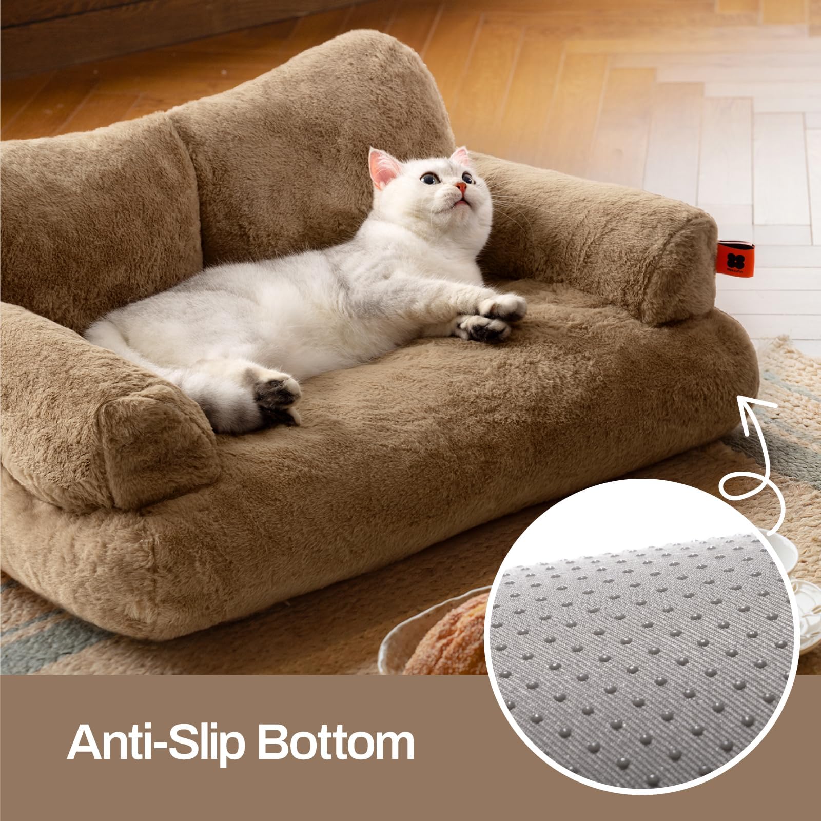 MEWOOFUN Cuccia grande per gatti, 66 x 48 cm, soffice e morbido, per cani e gatti di medie e piccole, graziosa cuccia per gatti con fondo antiscivolo (Cachi)