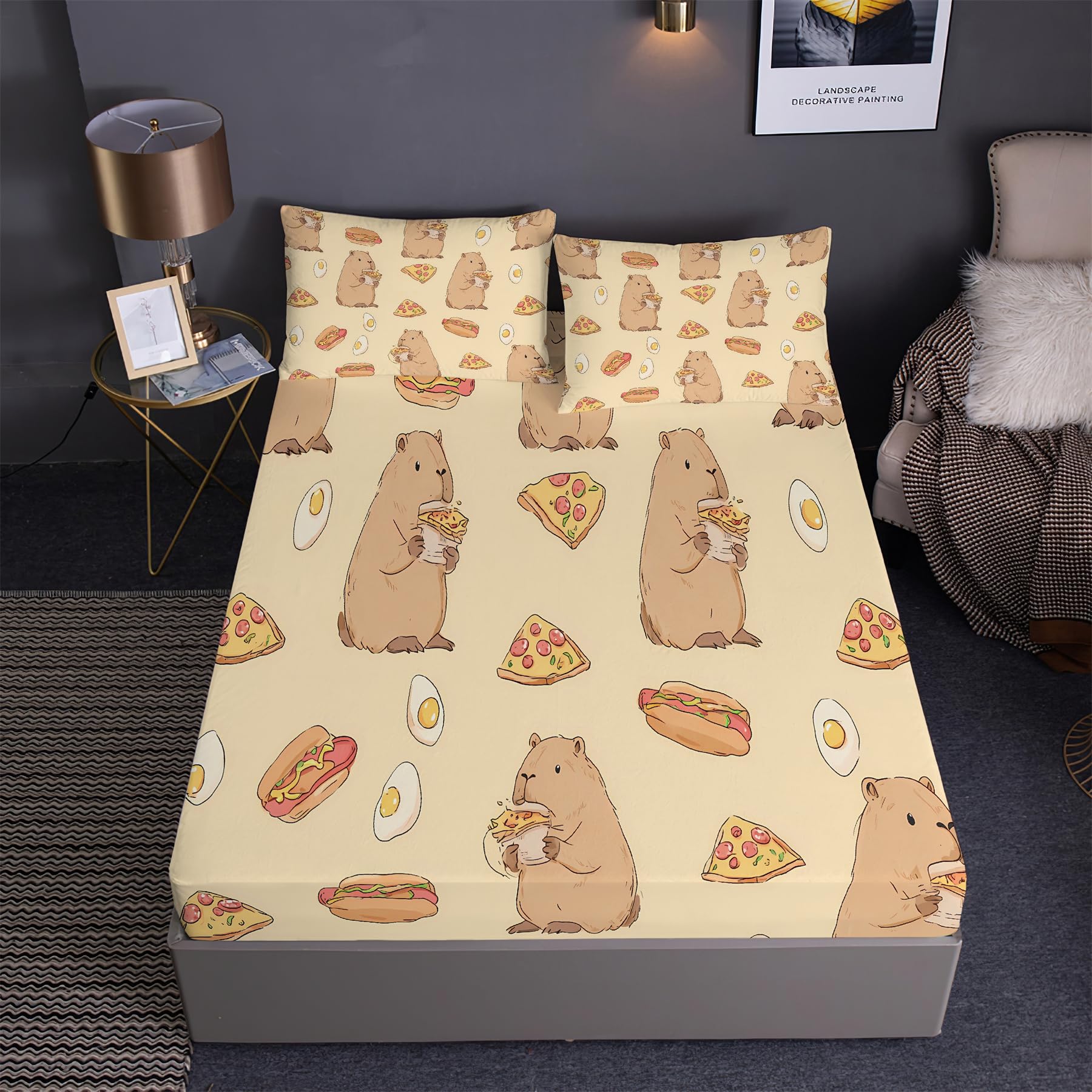 Drap Housse Capybara Jolie Aquarelle Grand Lit King Poche 35 Cm