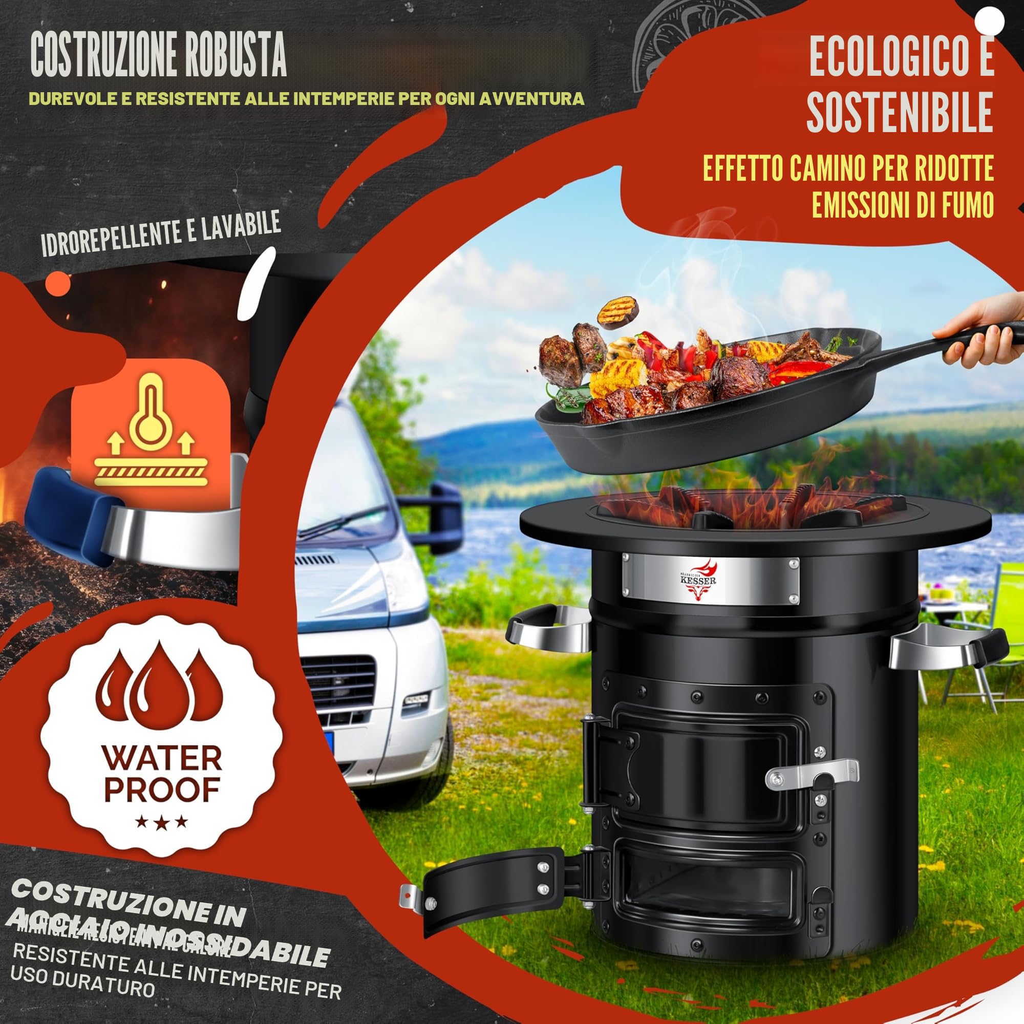 KESSER® Forno a razzo con padella in ghisa, piastra per barbecue, pinza per barbecue e borsa per il trasporto | Dutch Oven BBQ Razzo, forno a legna da campeggio, per esterni, in acciaio inox, nero