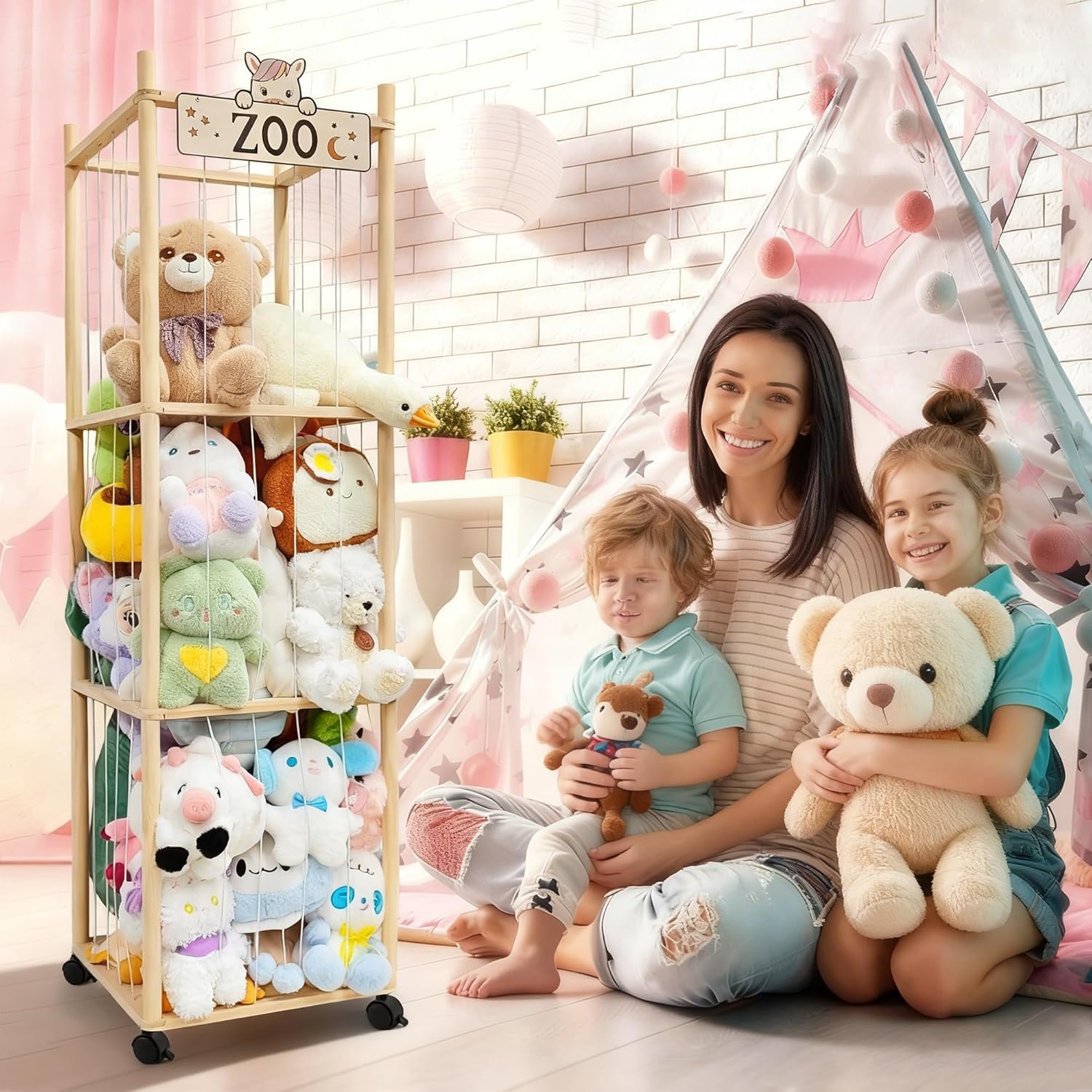 Stuffed Animal Storage Organizer, 55In Large Wooden Zoo Toy Storage Holder with Brake Wheels & Elastic Band, Space Save Stuffy Plushies Organizers for Playroom, Bedroom and Nursery - Image 2