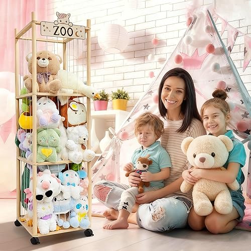 Miniatura 2 de Organizador de madera para animales de peluche, soporte de peluche de gran capacidad con cordones elásticos para almacenamiento de animales de