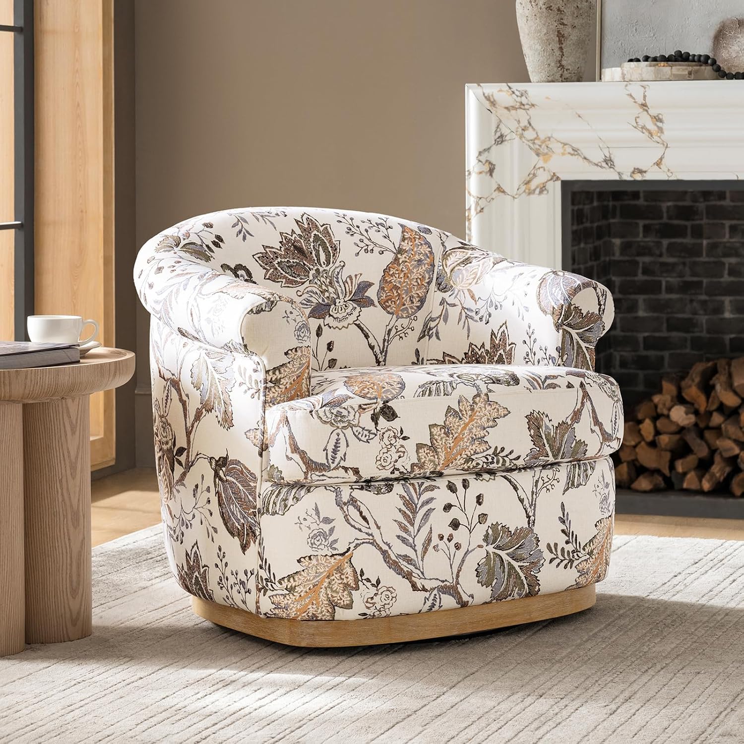 HULALA HOME Swivel Barrel Chair with Rolled Arms, Upholstered Fabric Swivel Round Armchair with Removable Cushion, Solid Wood Base for Living Room, Bedroom, Green