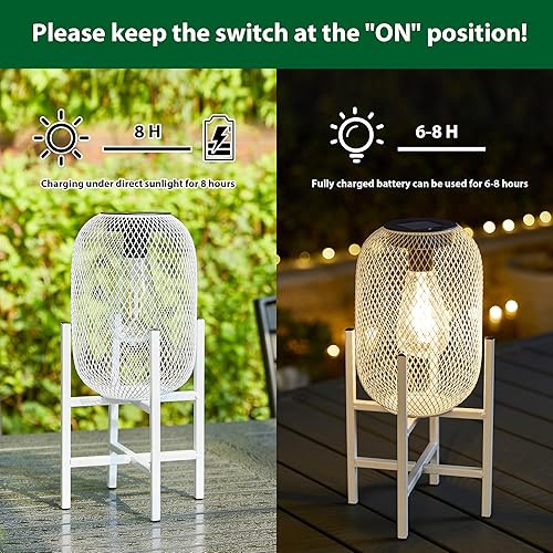 Miniatura 6 de Linterna solar para exteriores, impermeable, de metal blanco, hueco, luz solar para patio, jardín, cubierta, bombilla Edison amarilla cálida,