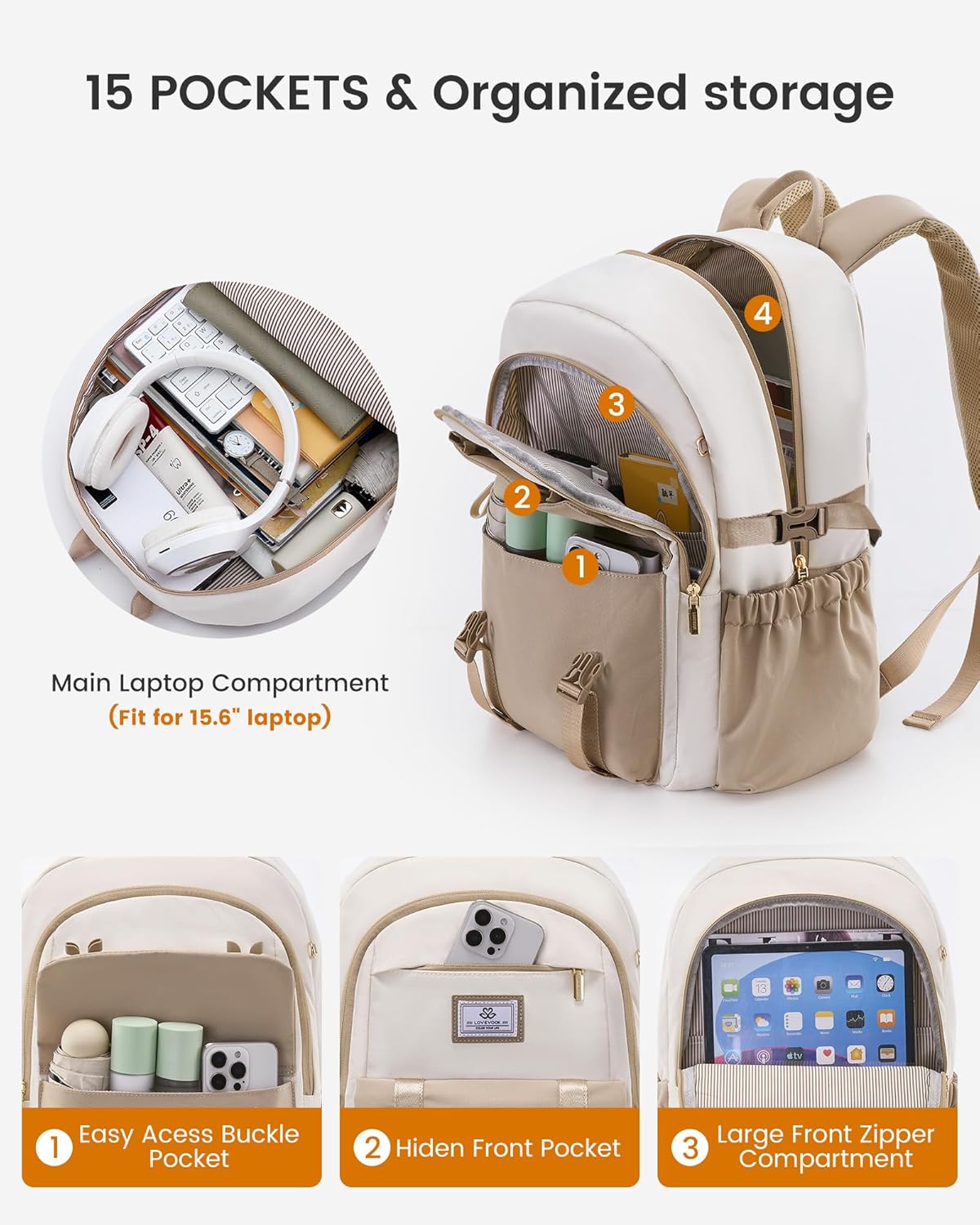 LOVEVOOK School Backpack for Girls Boys,Bookbag for Teen with Pouch Pocket for Large Capacity Cup, Waterproof School Bookbag, Preppy Backpack Travel Daypack with 15.6 inch Laptop Compartment - Image 2