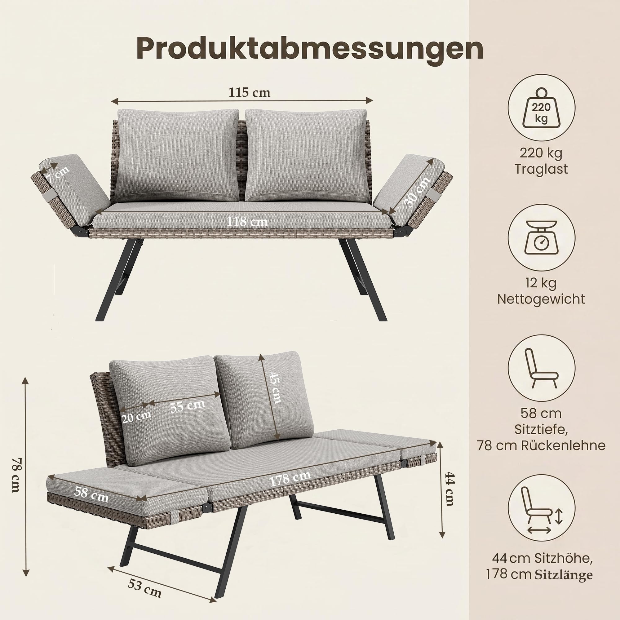 Lot de 2 Canapé de Jardin 2 Places en Poly Rottin avec Accoudoirs Réglables, Chaise Longue pour Terrasse Balcon Patio, Meuble de Jardin avec Coussins Lavables Beige