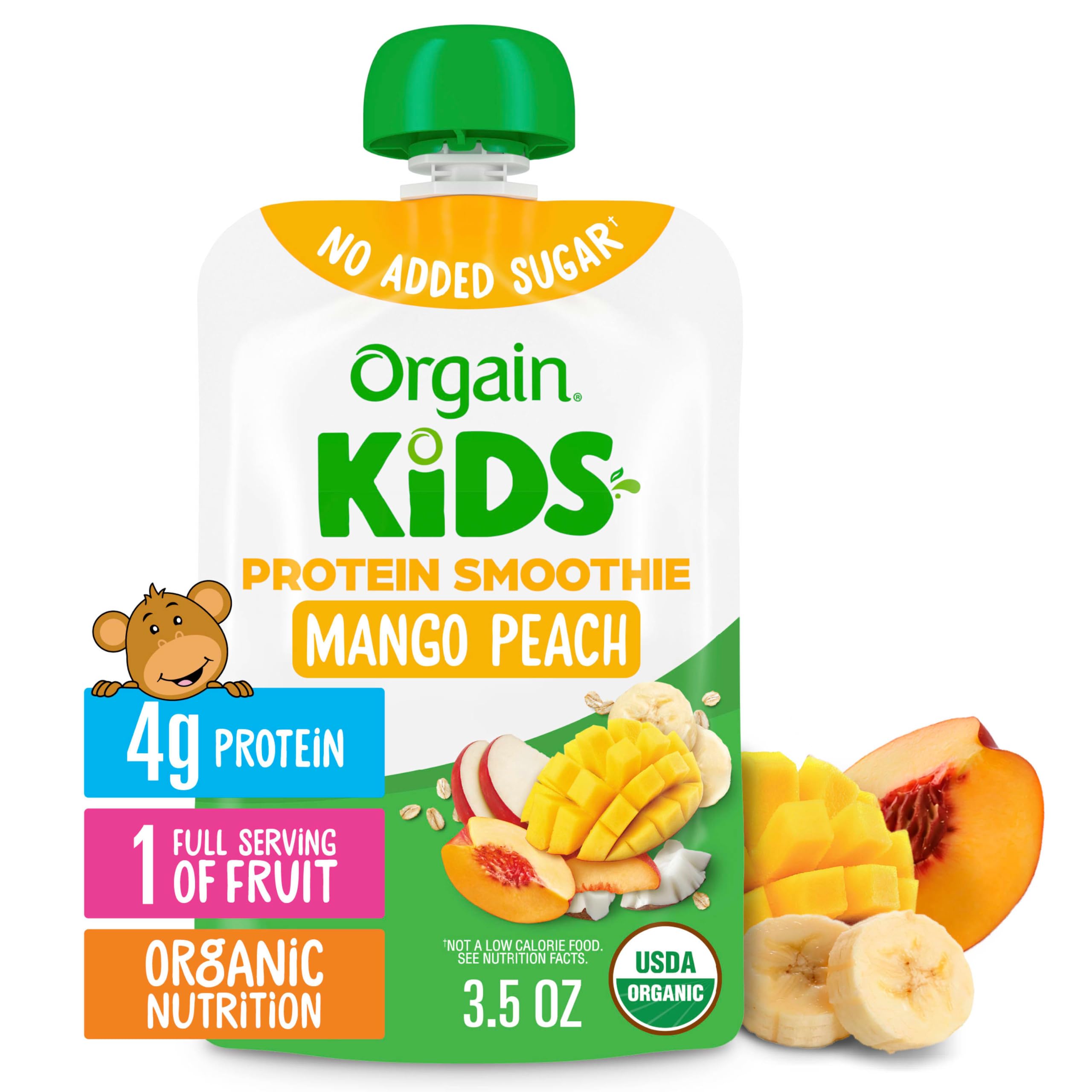 Orgain Kids Protein Smoothie Pouches, Non Dairy Mango Peach Organic Smoothie Pouch, No Added Sugar