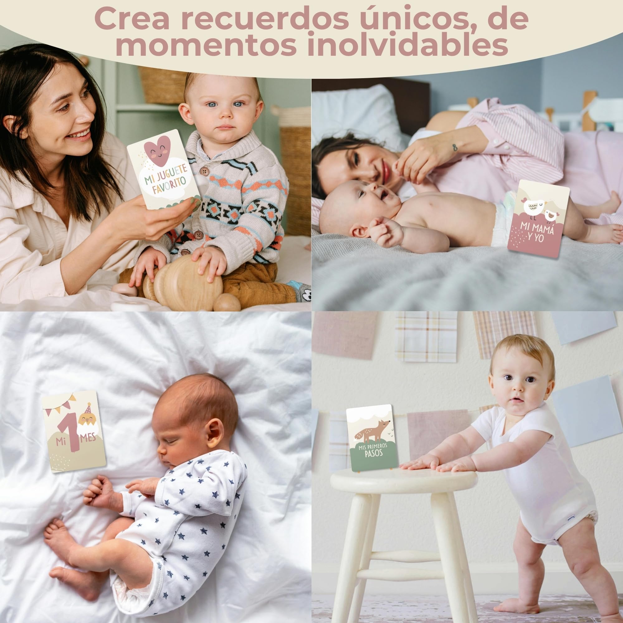 HUBORNS – Tarjetas cumple mes bebé “Mis primeras veces”, set de 46 tarjetas para fotos y recuerdos, regalo original para recién nacidos y padres primerizos con caja premium de regalo