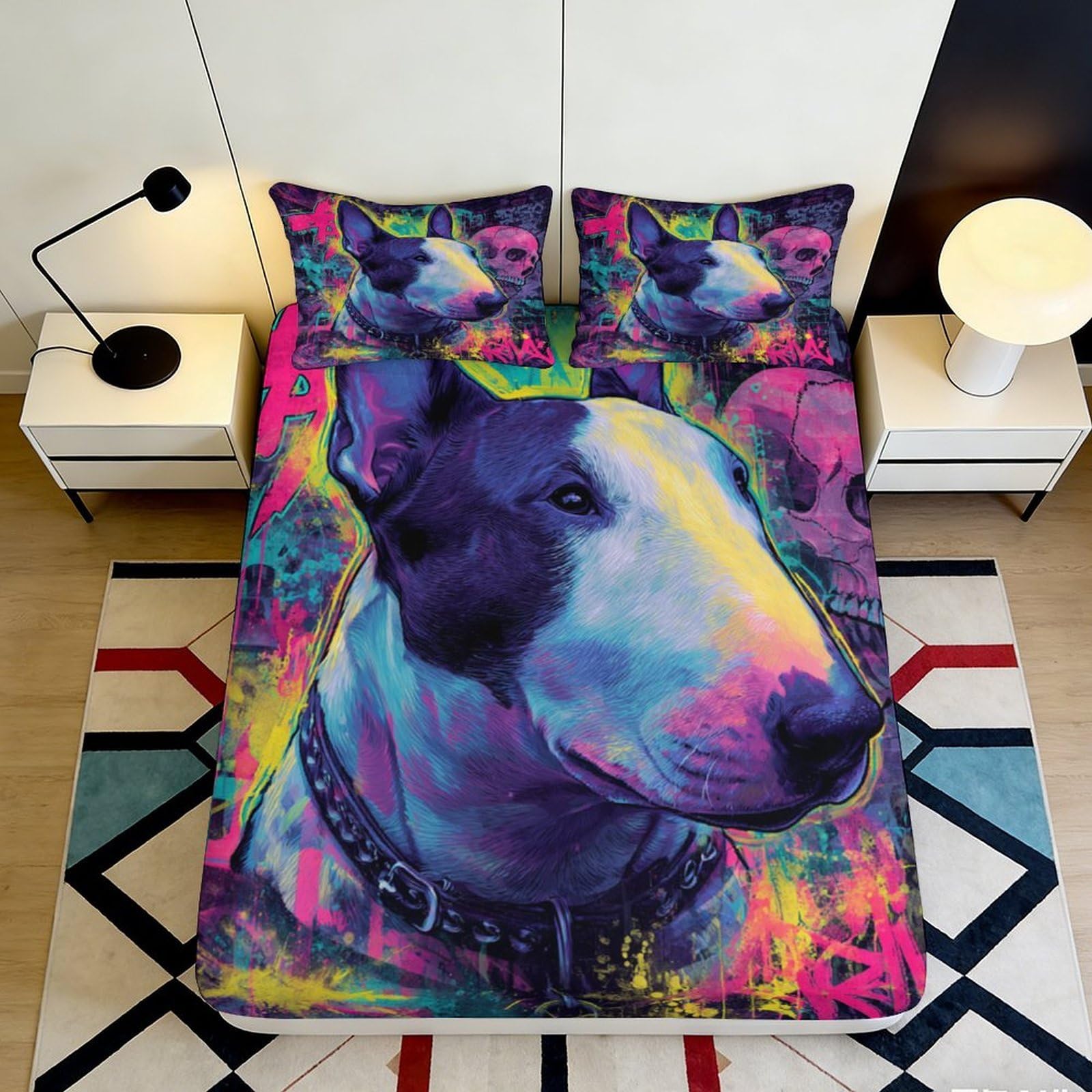 3D Printed Bull Terrier Graffiti Fitted Sheet Microfiber Vibrant Skull Bed Cover for Adult Teen Bedroom Dorm Room 120x200x25cm