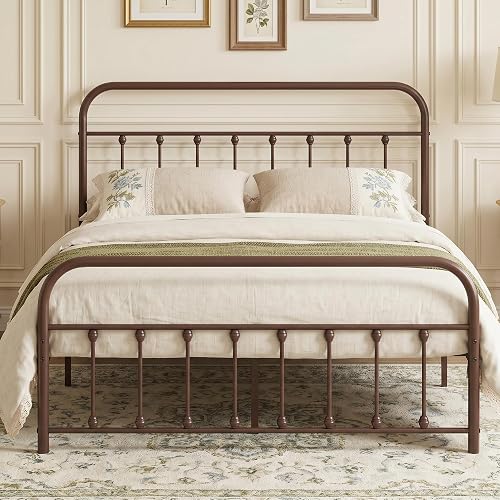 VECELO Queen Size Victorian Style Metal Bed Frame with Headboard