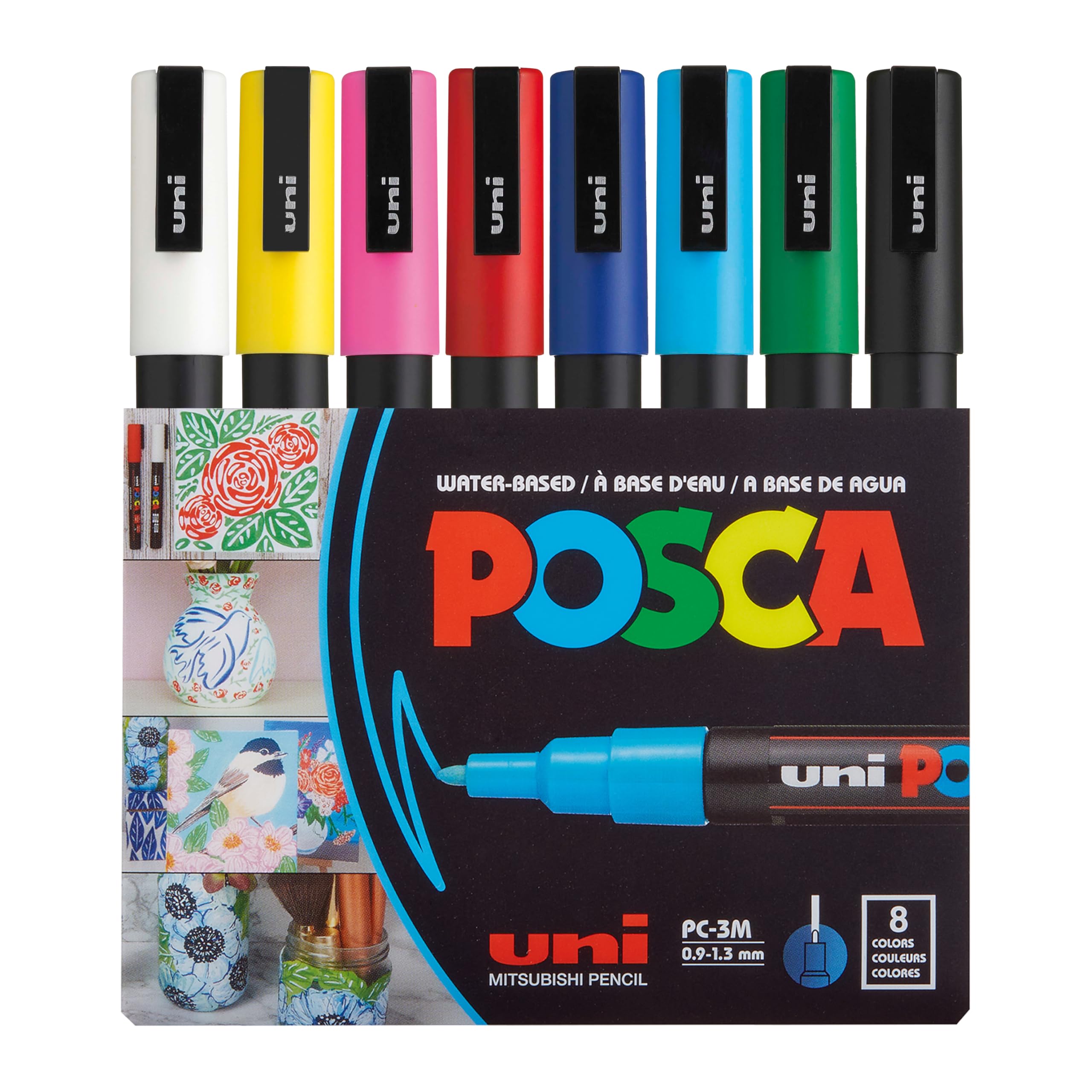 Uni Posca Paint Markers, 3M Fine Point Acrylic Paint Pens with Reversible Tips, Art Supplies For Gifts, Decorations Fabric, Metal, Glass, Wood and Canvas, 8 Pack