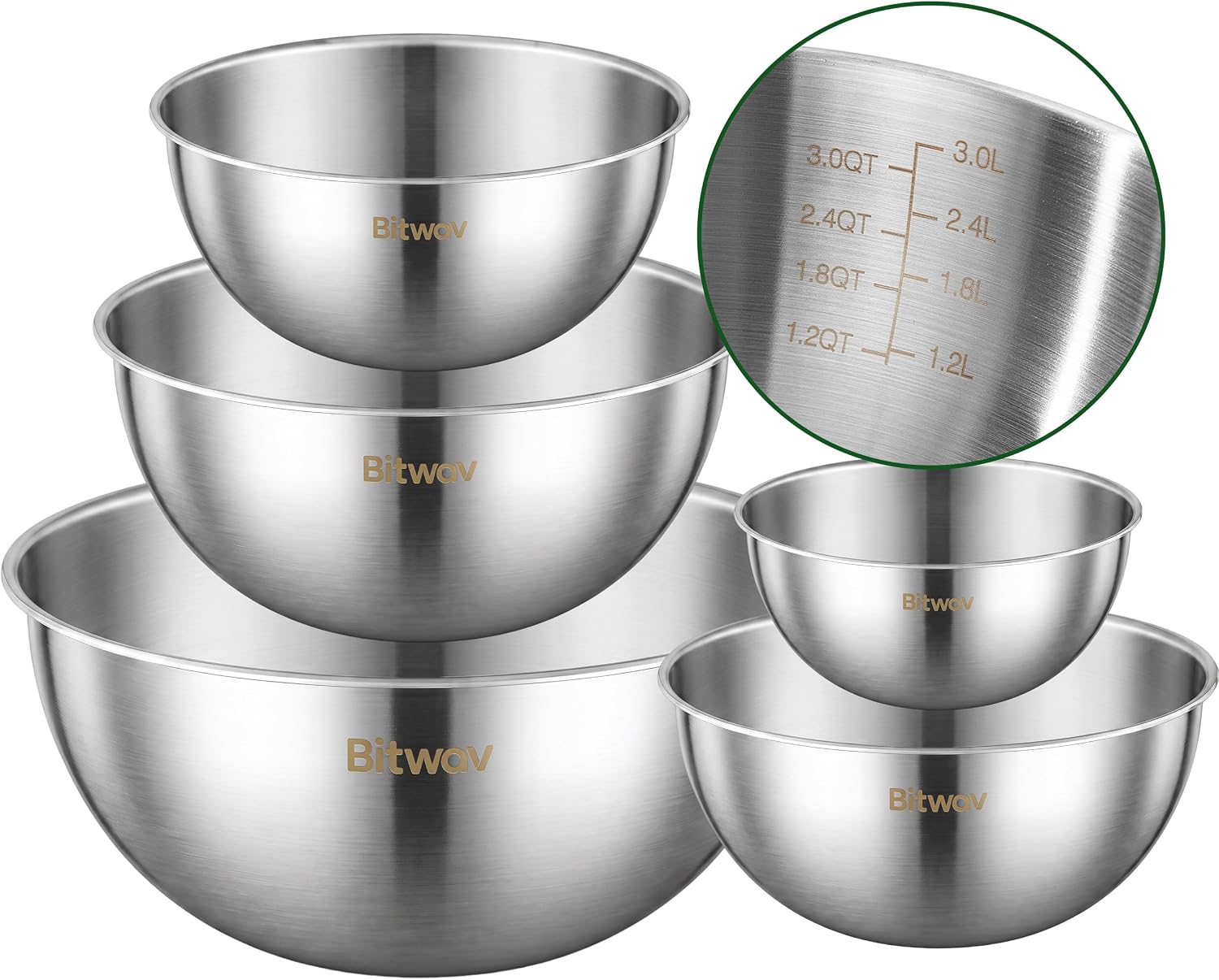 304 Stainless Steel Mixing Bowls Set of 5, 1.1/1.6/1.9/2.5/3.5 QT Food Grade Metal Bowls with Measurement Marks, Dishwasher Safe & Stackable Nesting for Baking, Salads, Meal Prep, RV & Camping
