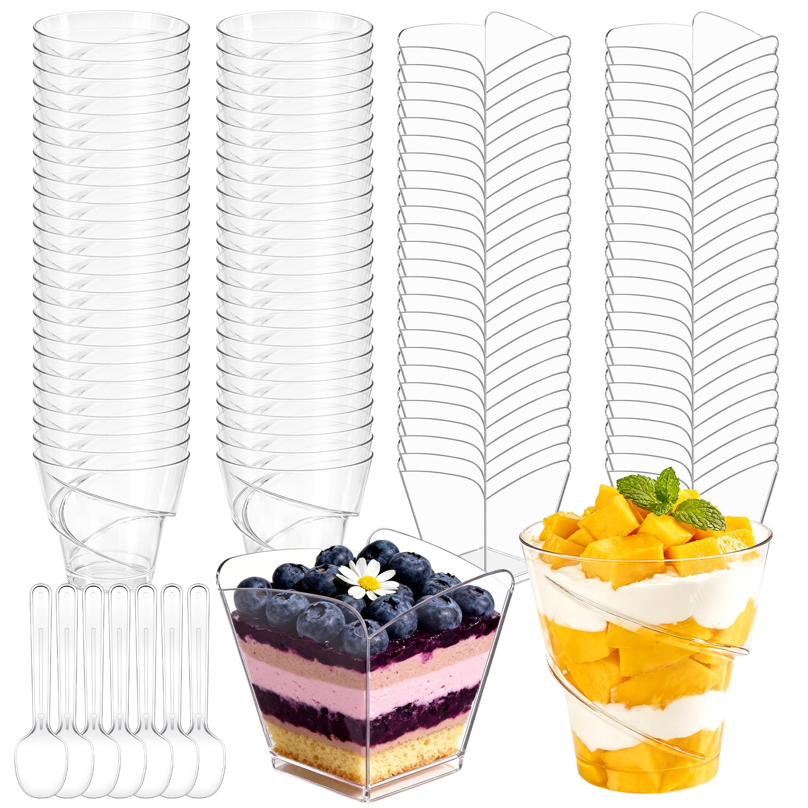 100 bicchieri da dessert in plastica, 160 ml, con cucchiaio, 2 diversi disegni, riutilizzabili, per gelati, mousse, budini, feste, compleanni, matrimoni