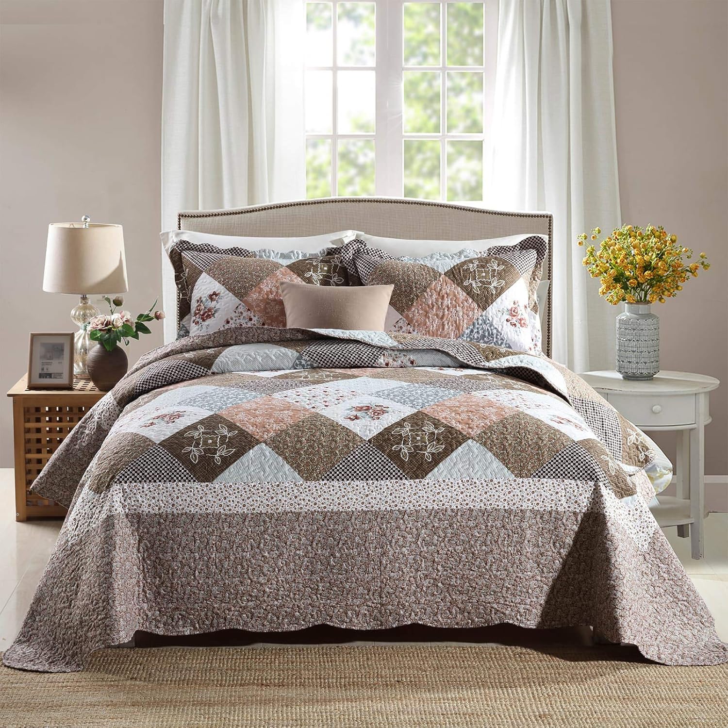 Y-PLWOMEN Patchwork Plaid Farmhouse Quilt Sets - Reversible Soft Modern Chic Floral Lightweight Bedspreads/Coverlet Bedding King Size 3 Piece: Kitchen & Dining