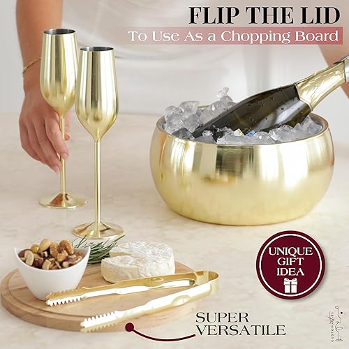 Miniatura 7 de Gusto Nostro Cubo de hielo aislado de 4.1 L con tapa y pinzas, cubo de hielo de acero inoxidable de doble pared grande, sin BPA para bar de Oro