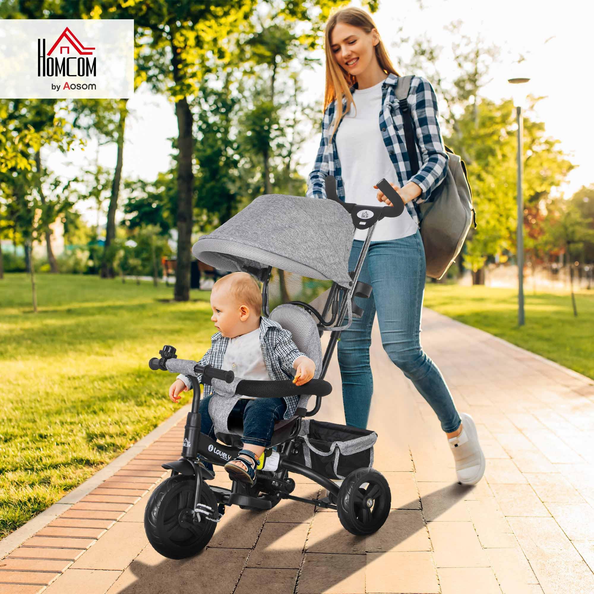 HOMCOM Triciclo Evolutivo para Bebés 6 en 1 Triciclo para Niños de 1-5 Años Bicicleta para Niños con Toldo Plegable Mango Telescópico Desmontable Cinturón de Seguridad y Cesto 95x50x106 cm Gris