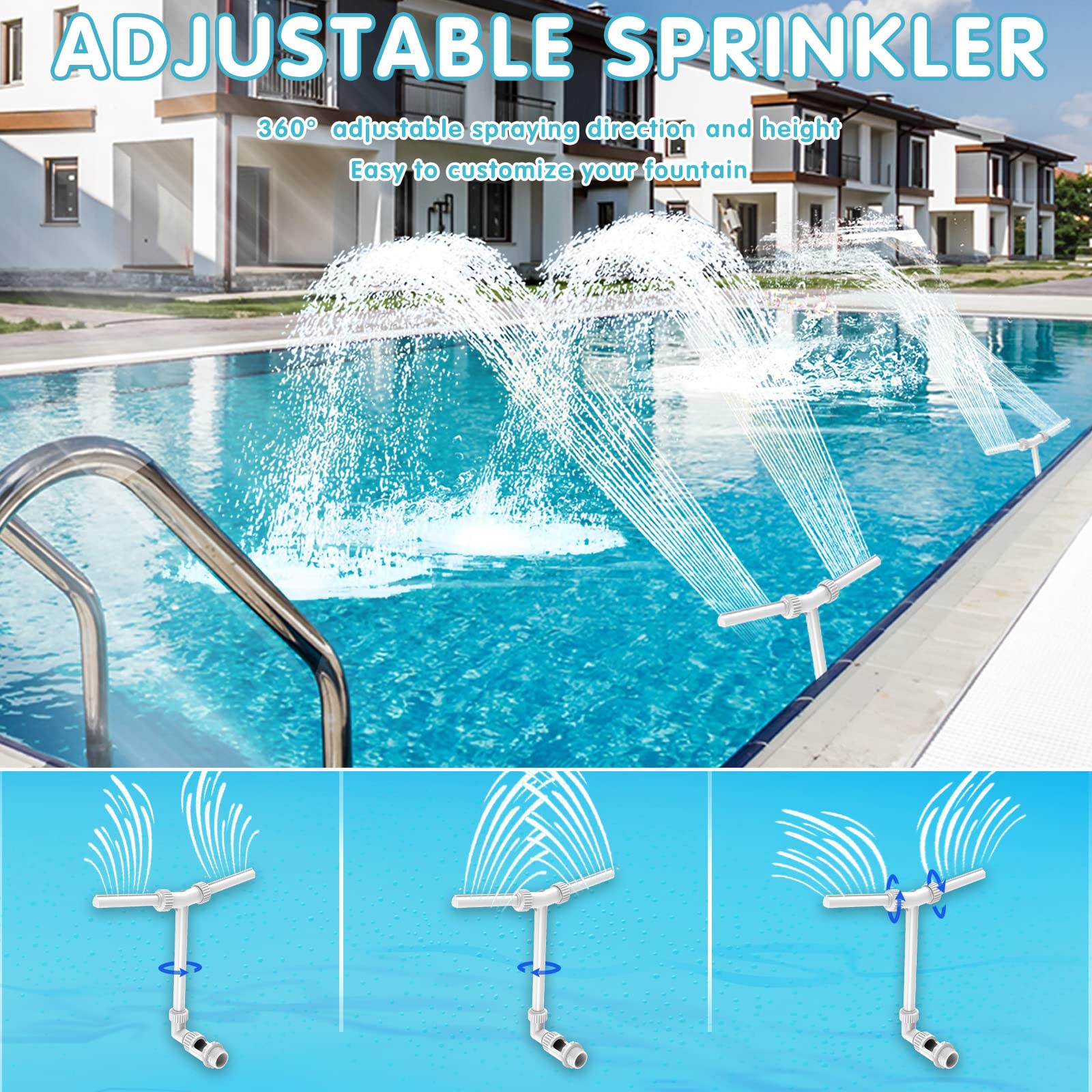MILYN Pool Fountain, Dual Spray Swimming Pool Accessories for Above Ground/Inground Pools, 2-in-1 Adjustable Pool Fountains for Above Ground Pool, Garden Sprinkle Feature Outdoor Decor