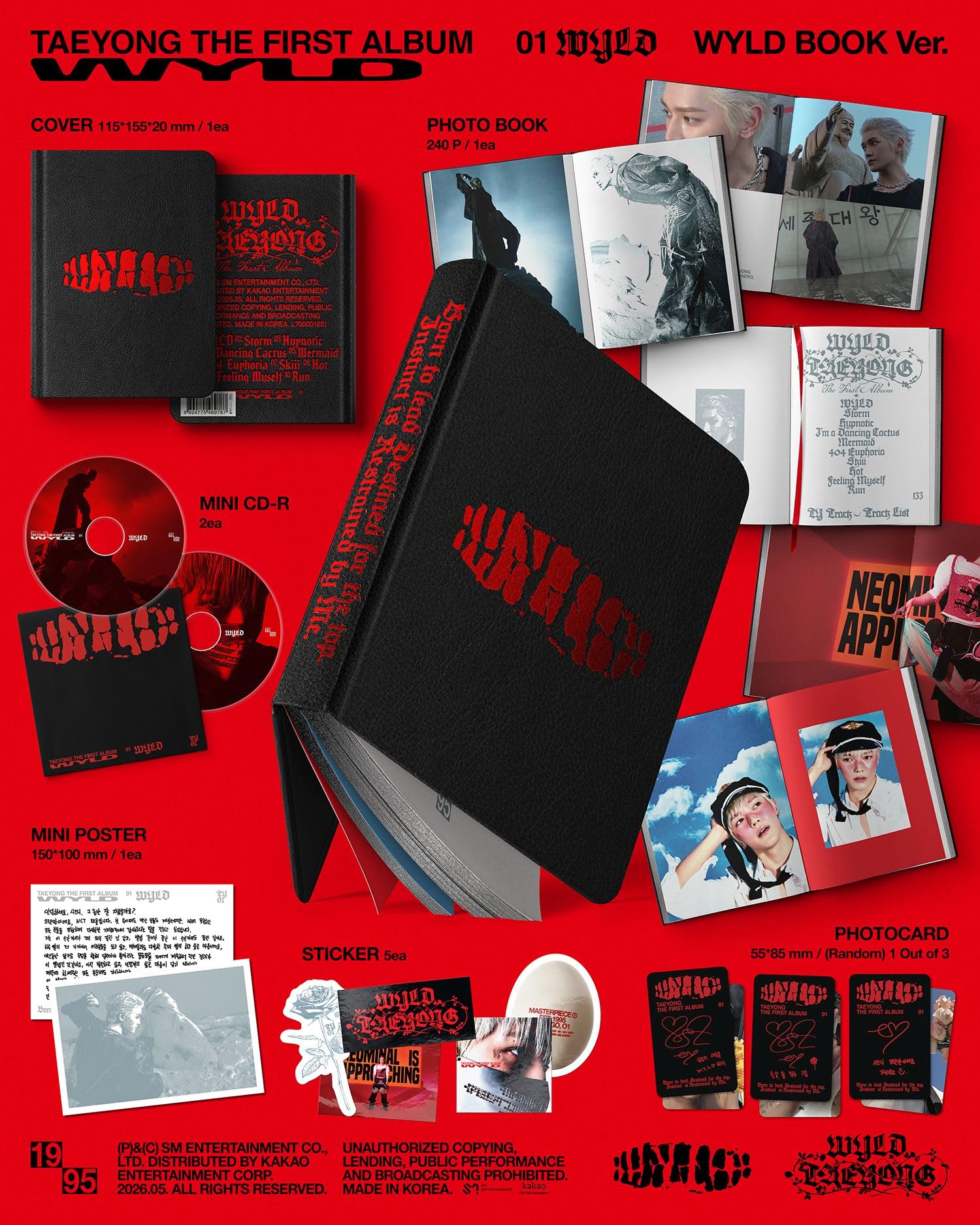 Juego completo: 1 libro WYLD + 1 estuche + 1 mini + 2 Zine) 1er álbum de NCT Taeyong WYLD con seguimiento