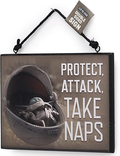 Vista 2 de Disney Star Wars Baby Yoda - Letrero colgante de doble cara – Decoración de guardería de Baby Yoda – Protege, ataca y toma siestas Gris