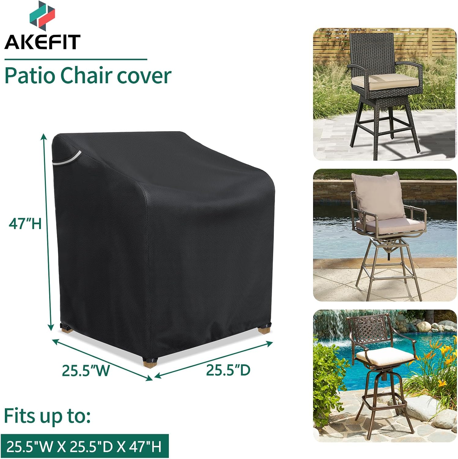 AKEfit Patio Chair Covers for Outdoor Furniture Waterproof 1 Pack,Heavy Duty Outdoor Chair Covers Waterproof for Lawn Lounge Seat, Wicker, Adirondack&Rocking Chairs,Black-25.5Wx25.5Dx47H inches