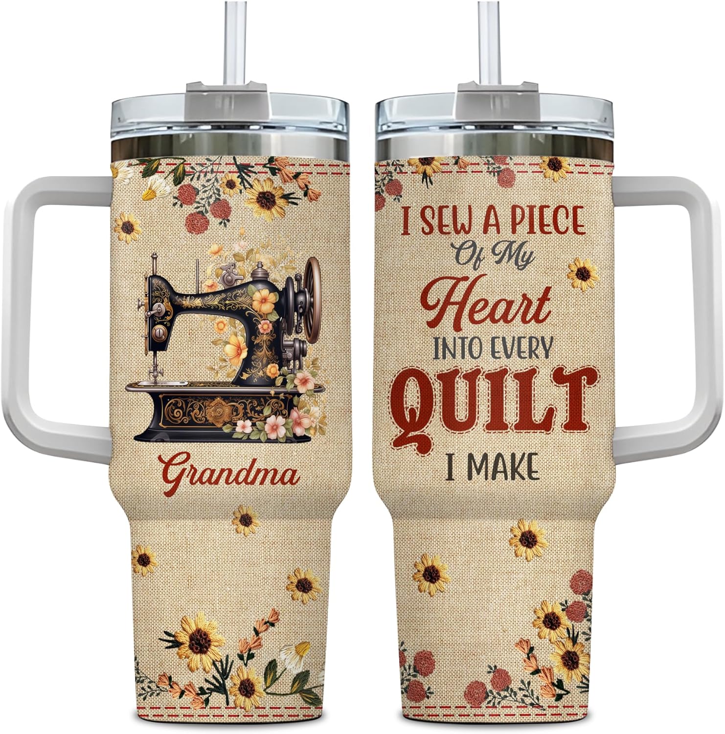 Hyturtle Personalized Gifts For Sewing Lover Tumbler 40oz with Handle and Straw - Stainless Steel Travel Coffee Cup With Lid - Idea Quilting Crochet Lover Gifts For Women, Girl On Birthday Christmas