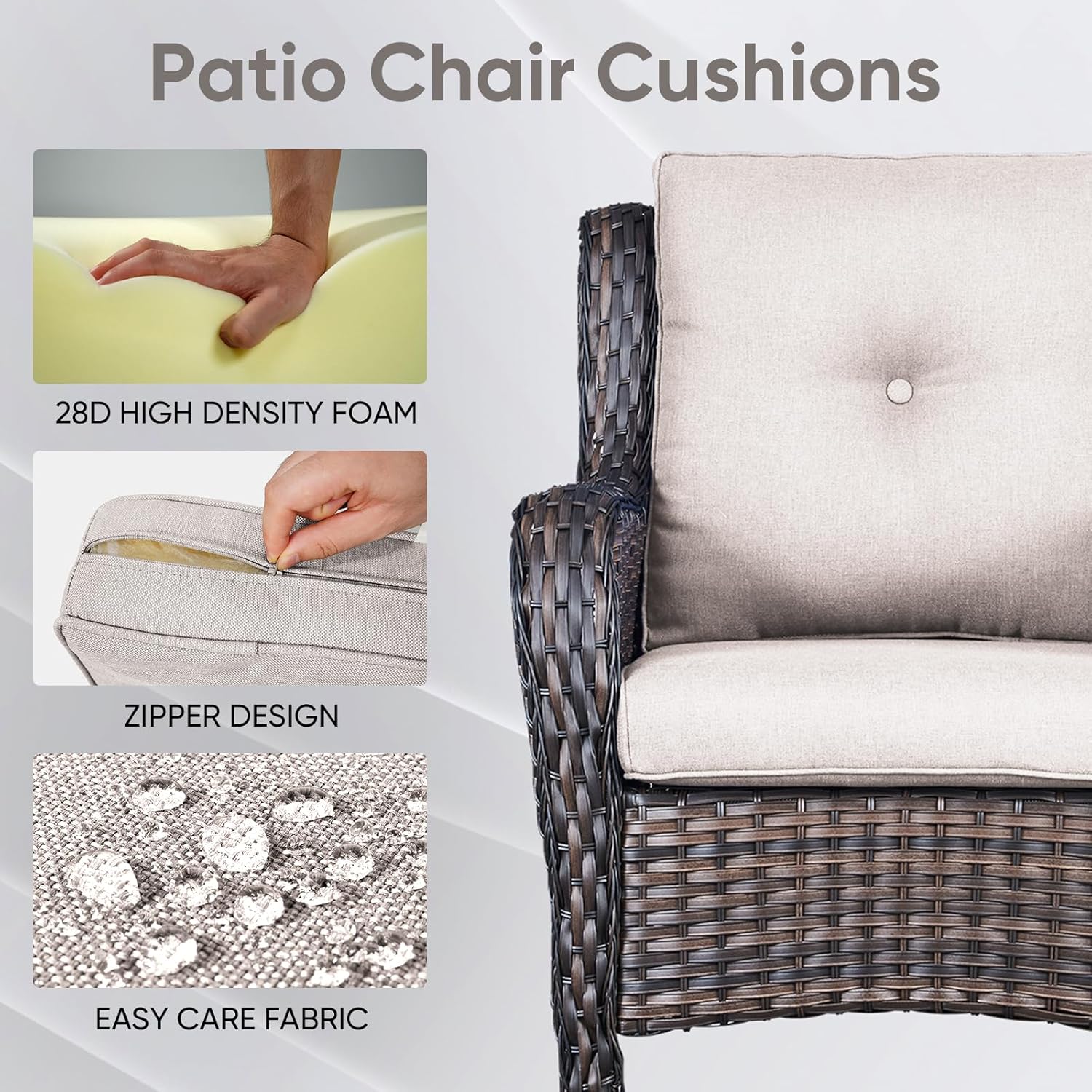 Outdoor Chair Cushions 3 Packs - Outside High Back Thick Water-Resistant Cushion 22x24 with Zipper Cover for Patio Glider Rocking Chairs Loveseat Couch – Beige/Buckle