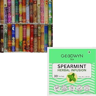 Goodwyn Spearmint Tea (30 Tea Bags) Combo with HEM Incense Sticks – 12 Box Variety Pack (240 Sticks Total, 20 Sticks per Box) | Long Lasting Fragrance | Meditation, Relaxation, Yoga Value EverydayUse