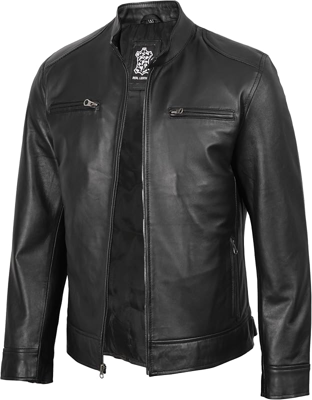 fjackets Mens Leather Jacket - Real Lambskin Cafe Racer Jacket Stand Collar Moto Biker Zip Jacket For Men