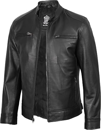 fjackets Mens Leather Jacket - Real Lambskin Cafe Racer Jacket Stand Collar Moto Biker Zip Jacket For Men