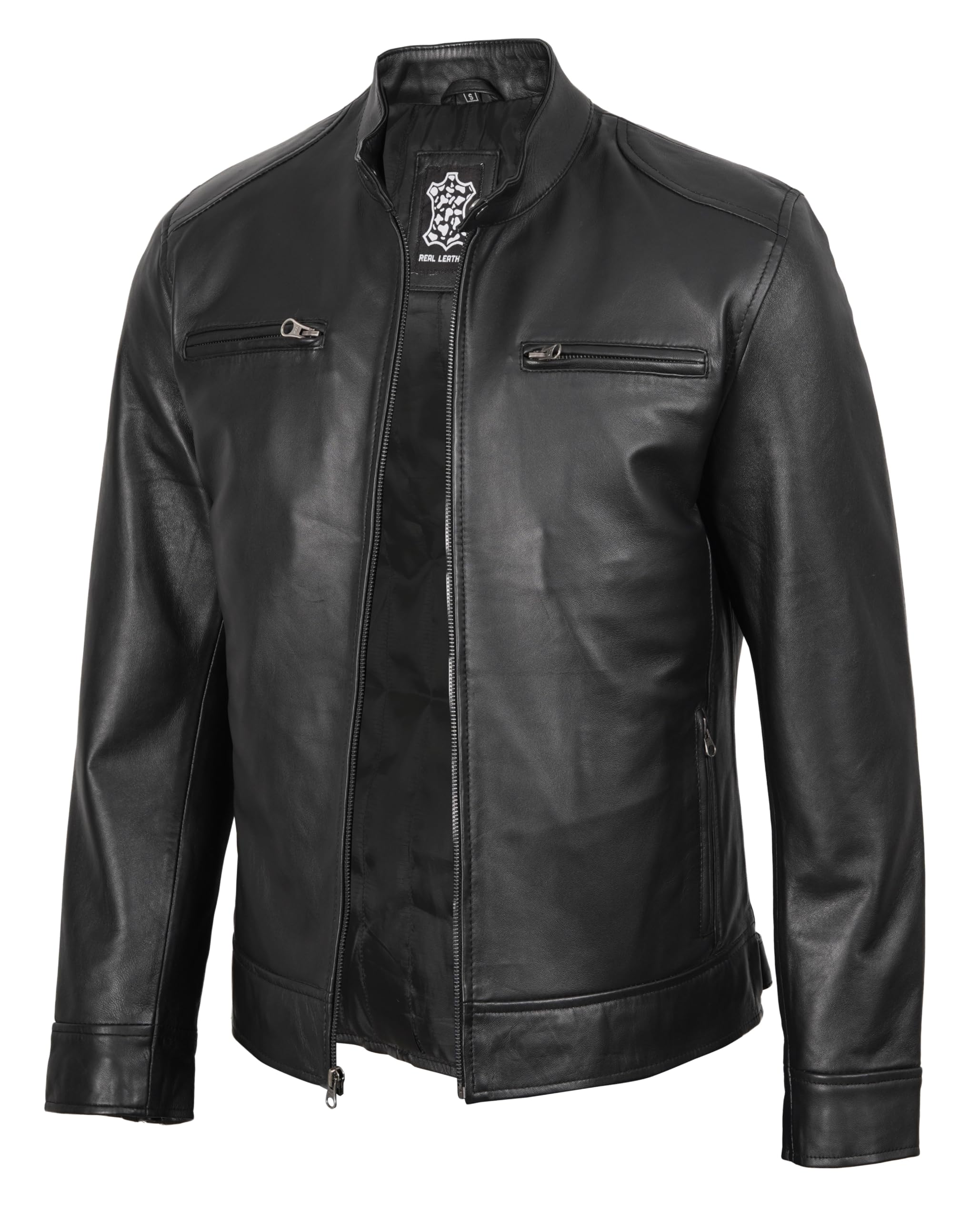 fjackets Mens Leather Jacket - Real Lambskin Cafe Racer Jacket Stand Collar Moto Biker Zip Jacket For Men