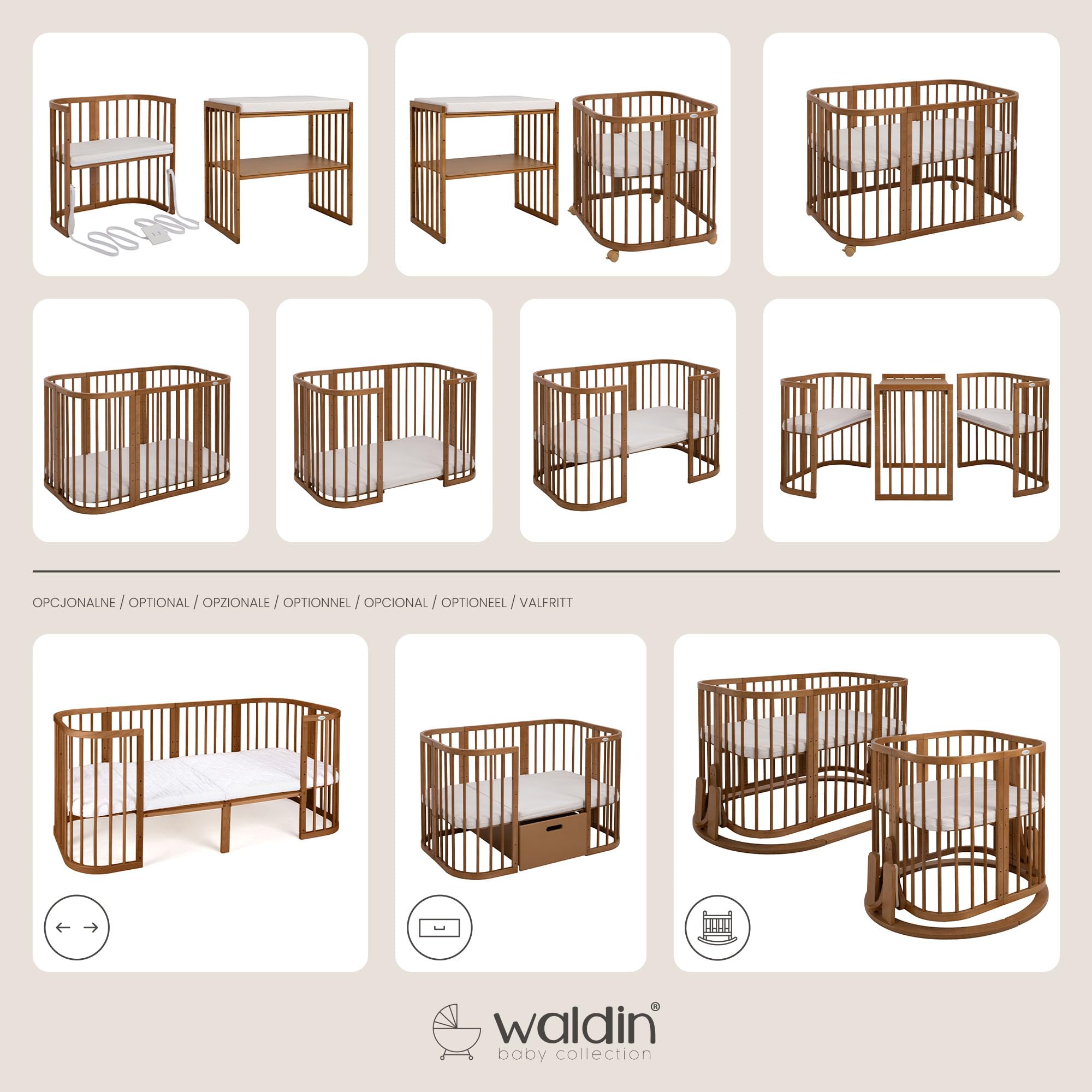 waldin Babybett 7in1, Matratze, Rollen, Regal, Vintage | Ohne Stoffset, Mitwachsend, Beistellbett aus Holz, Wiege optional