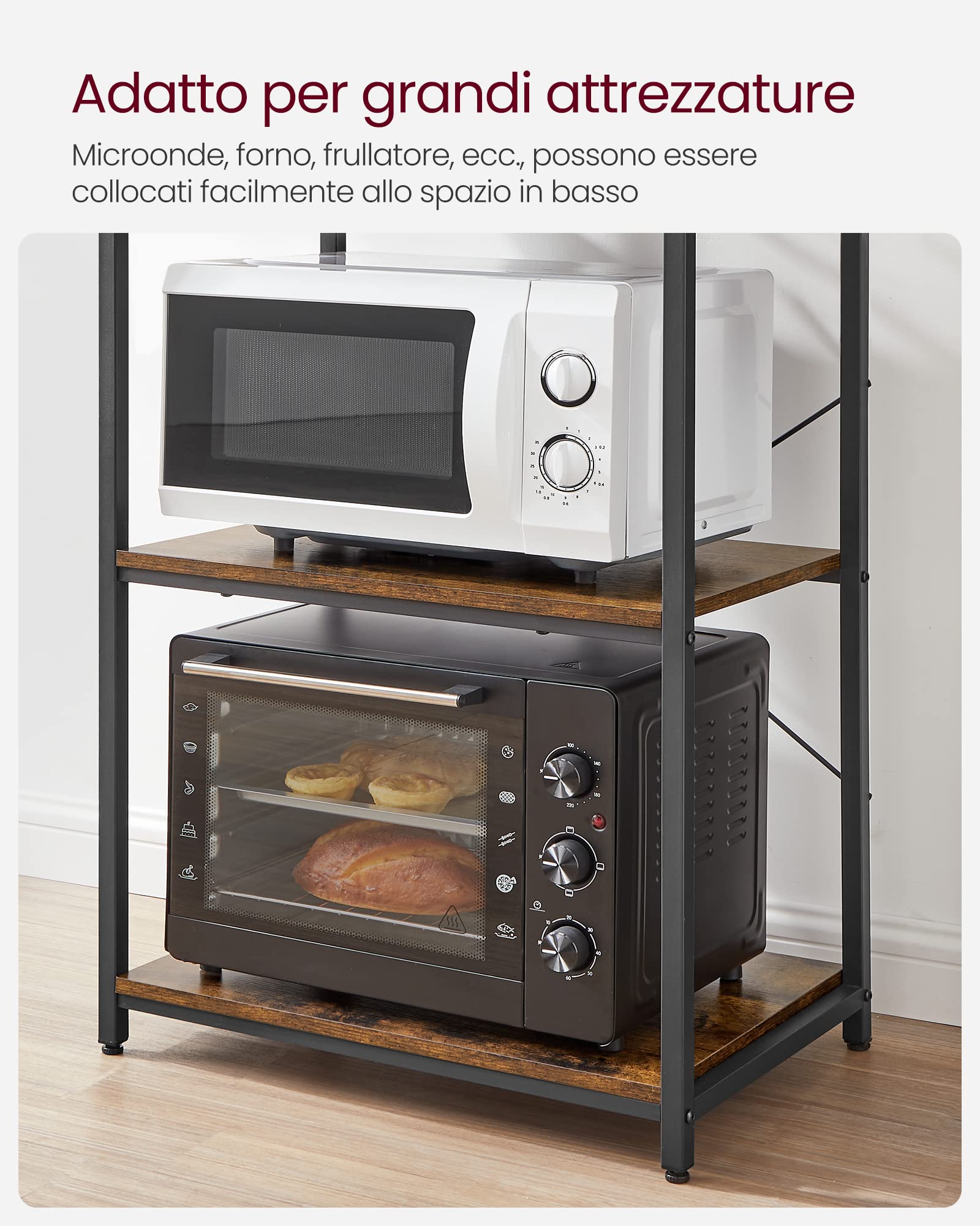 VASAGLE Scaffale Cucina, Mobile Cucina, Scaffale per Microonde, 6 Ripiani, 6 Ganci, Struttura in Acciaio, Stile Industriale, 40 x 60 x 167 cm, Marrone Vintage e Nero Inchiostro KKS024B01