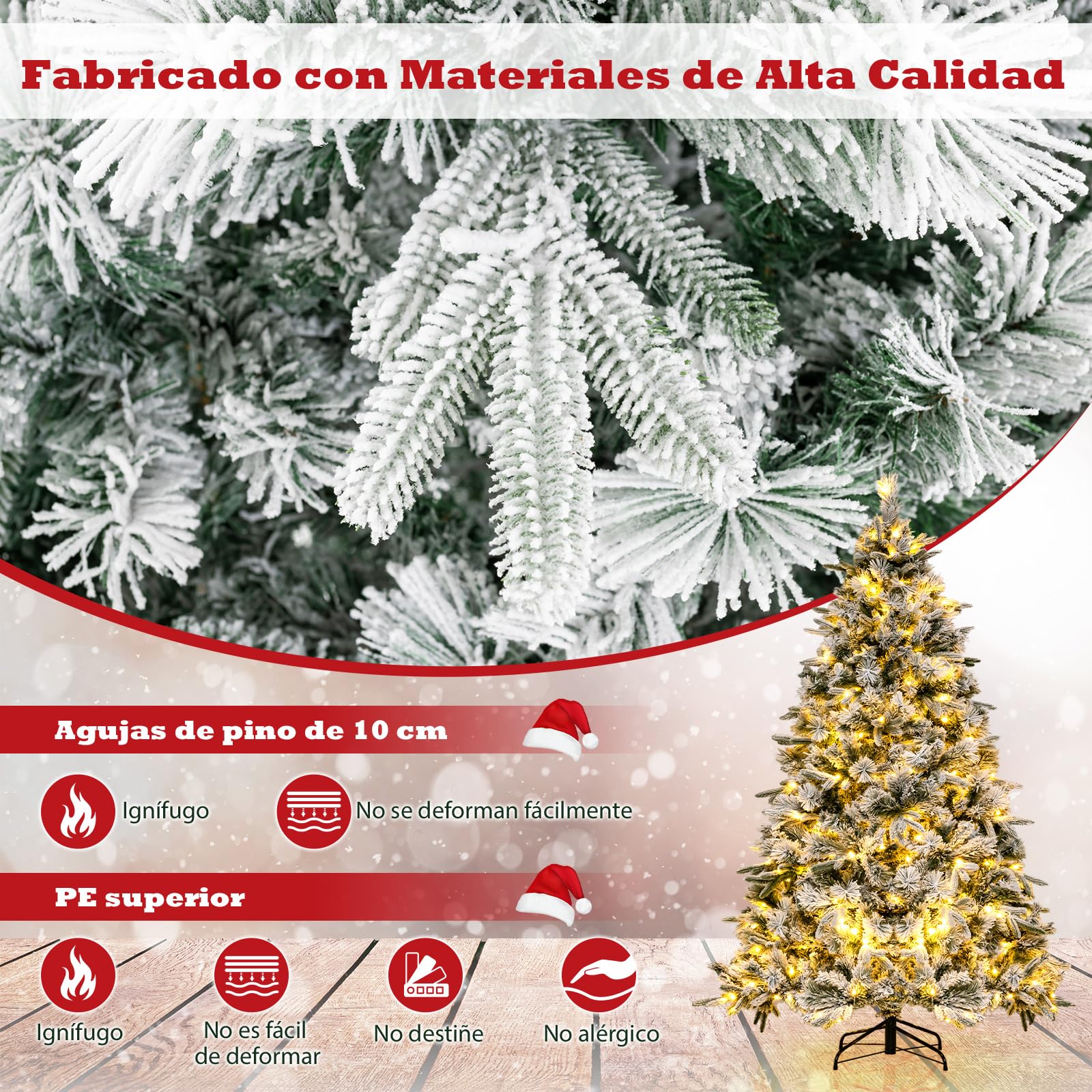 COSTWAY Arbol de Navidad Nevado con Luces 186cm, Arbol de Navidad con Luces Incorporadas, 250 Luces Blancas Cálidas, 752 Ramas PE y PVC, Agujas de Pino, Arvore de Natal Hogar Oficina Tienda
