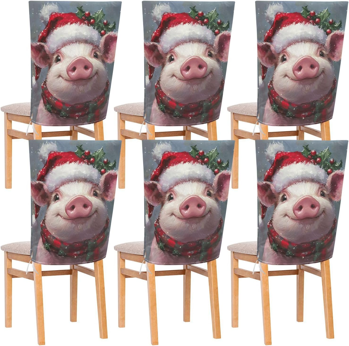 ALAZA Cute Christmas Pig Chair Back Cover Set of 6, Washable Reusable Removable Chair Slipcovers Decorative Chair Cover for Home Kitchen Wedding Party