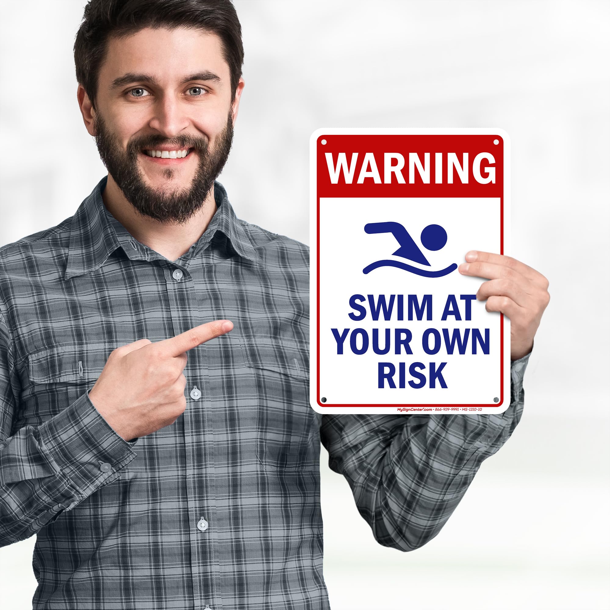 Warning Swim At Your Own Risk Sign, 7x10 Inches, 55 mil thick HDPE (high density polyethylene), Made in USA by My Sign Center